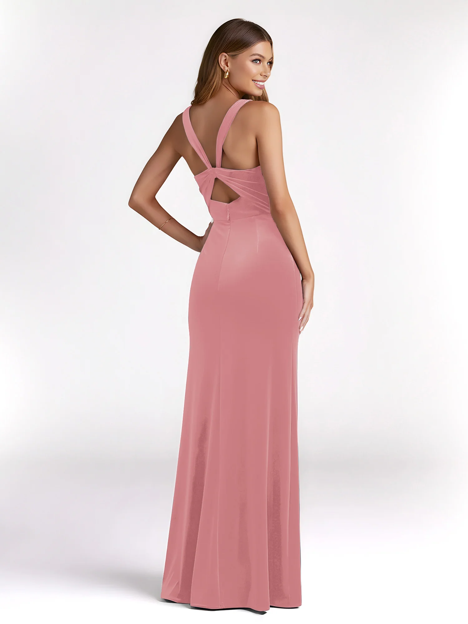 Sheath Square Neck Velvet Pleated Dresses With Slit Dusty Rose - Image 2