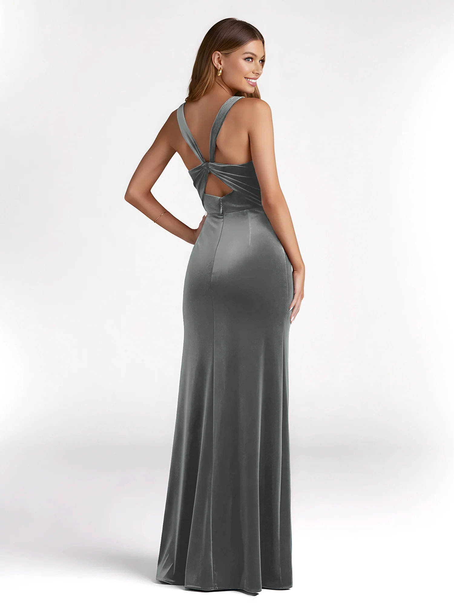 Sheath Square Neck Velvet Pleated Dresses With Slit Steel Grey - Image 2