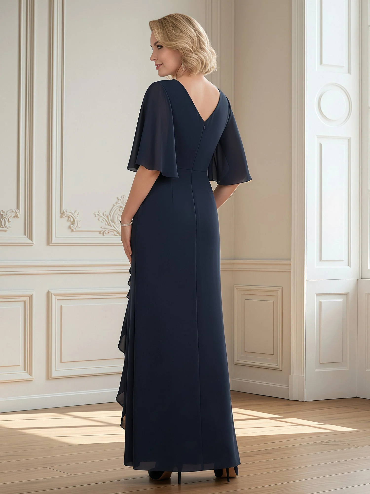 Flutter Sleeves Pleated Ruffle Long Dress With Slit Champagne - Image 2
