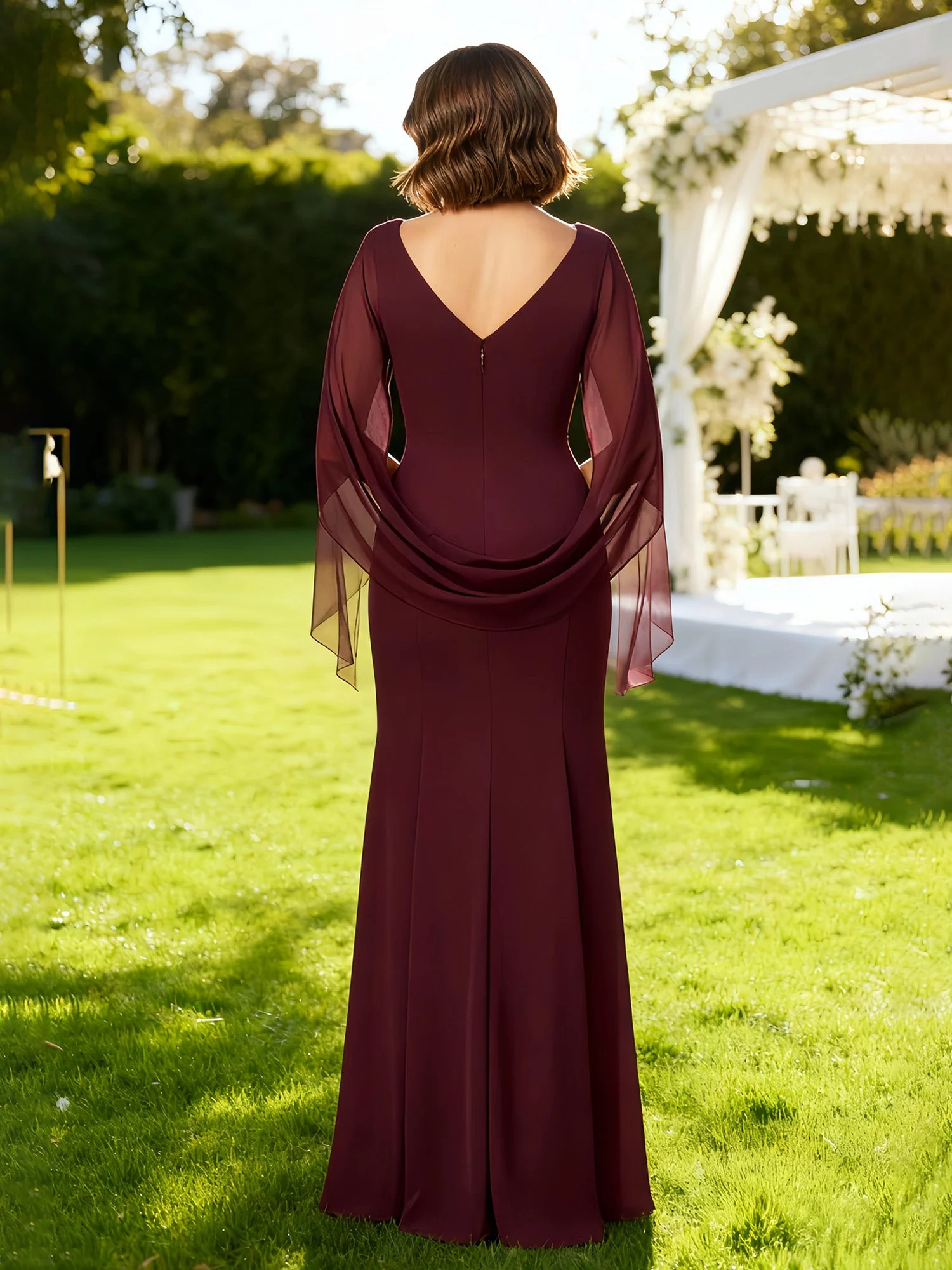 Bateau Neck Cape Sheath Floor-length Dress Moss - Image 2