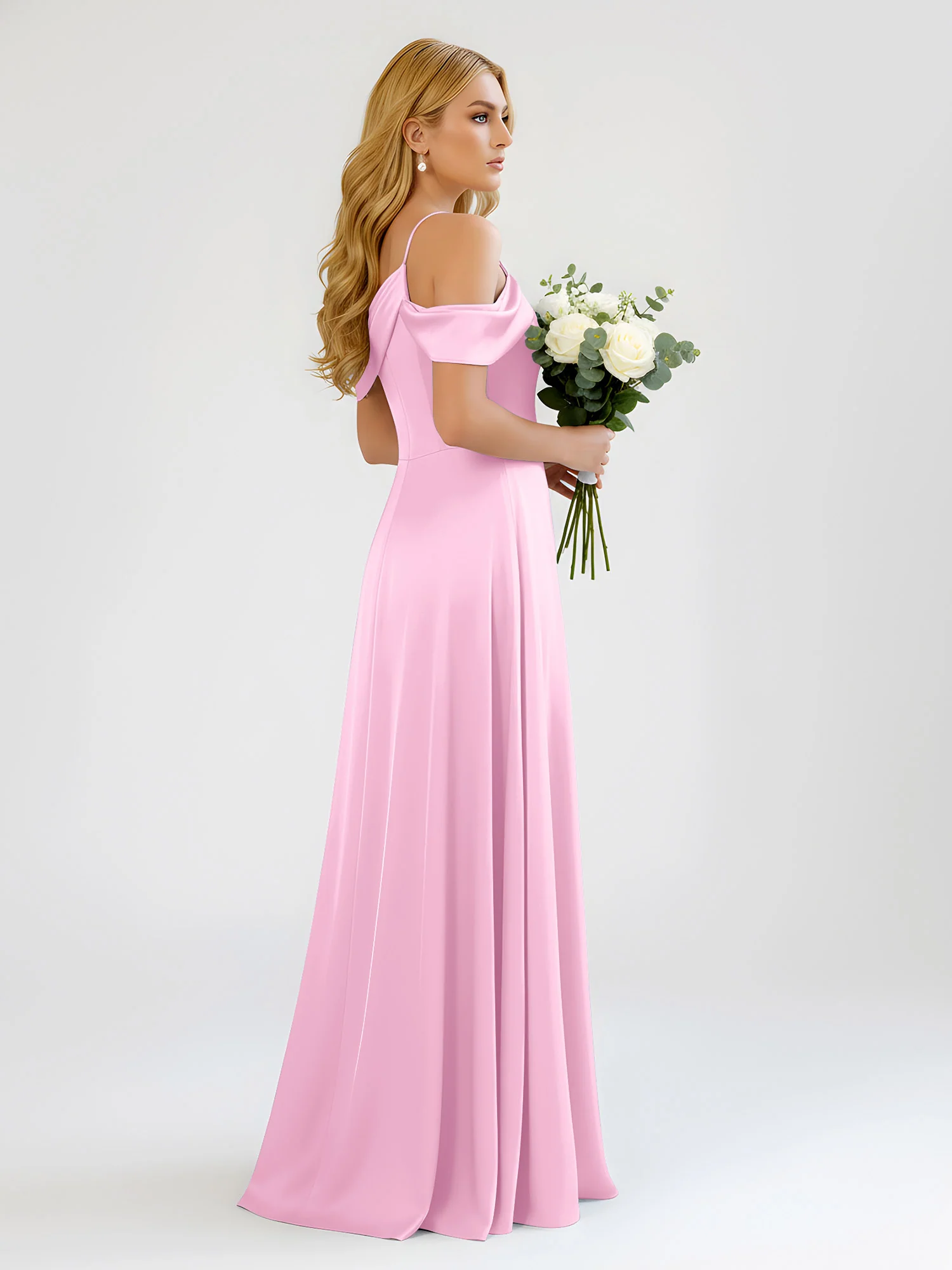 One-Shoulder Drape Satin Slit A-Line Gown Candy Pink - Image 2