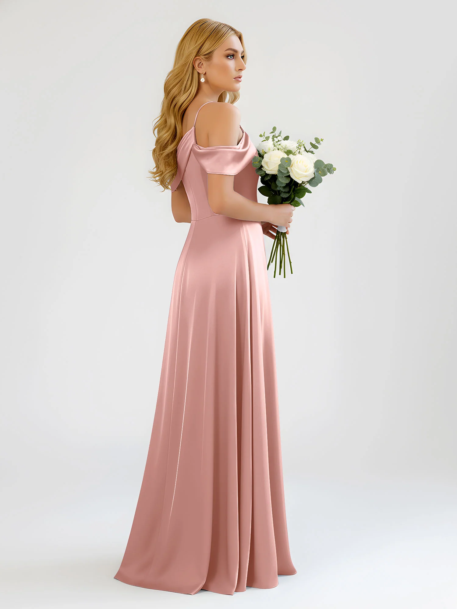 One-Shoulder Drape Satin Slit A-Line Gown Dusty Rose - Image 2