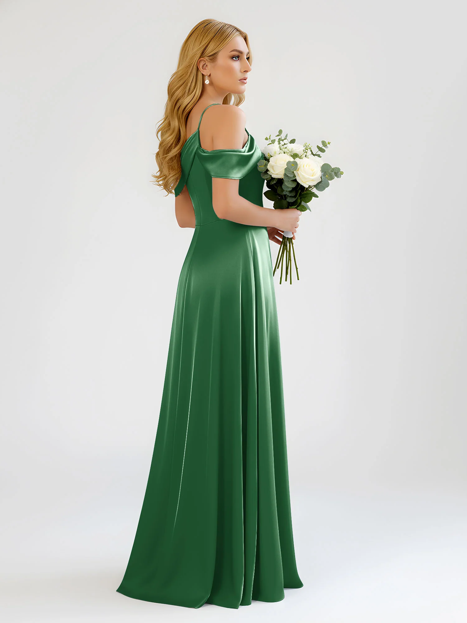 One-Shoulder Drape Satin Slit A-Line Gown Emerald - Image 2