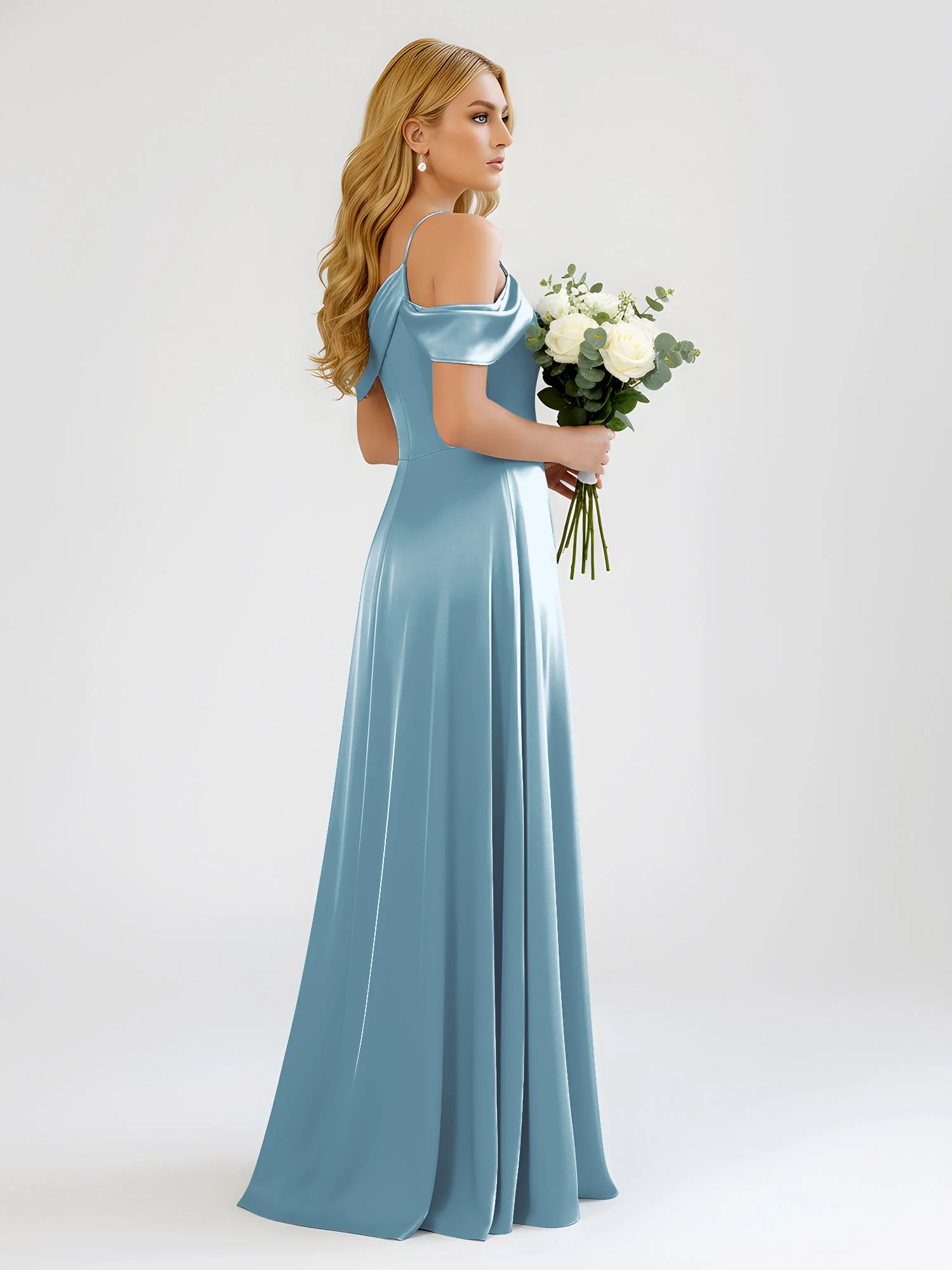 One-Shoulder Drape Satin Slit A-Line Gown Slate Blue - Image 2