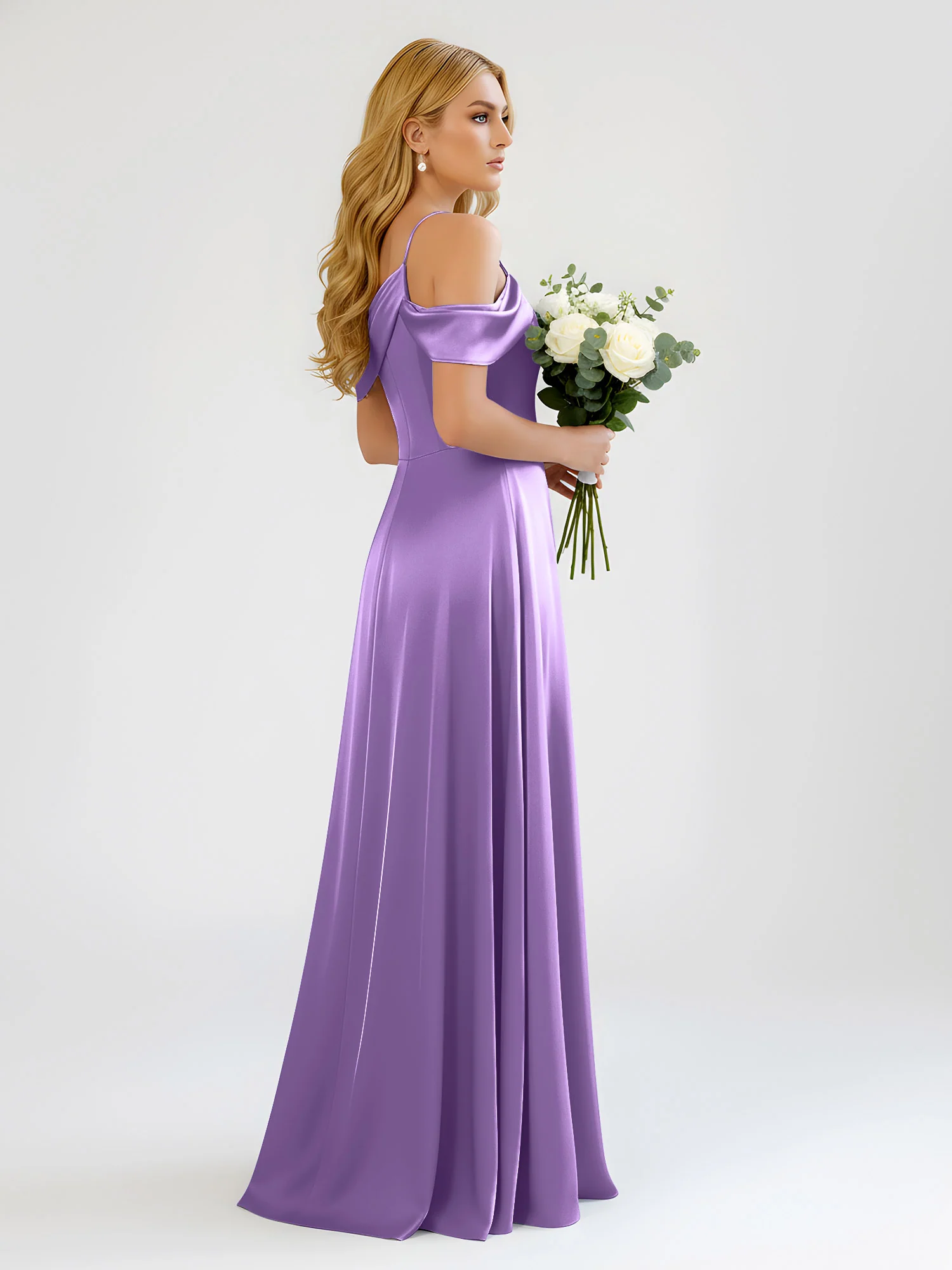 One-Shoulder Drape Satin Slit A-Line Gown Tahiti - Image 2