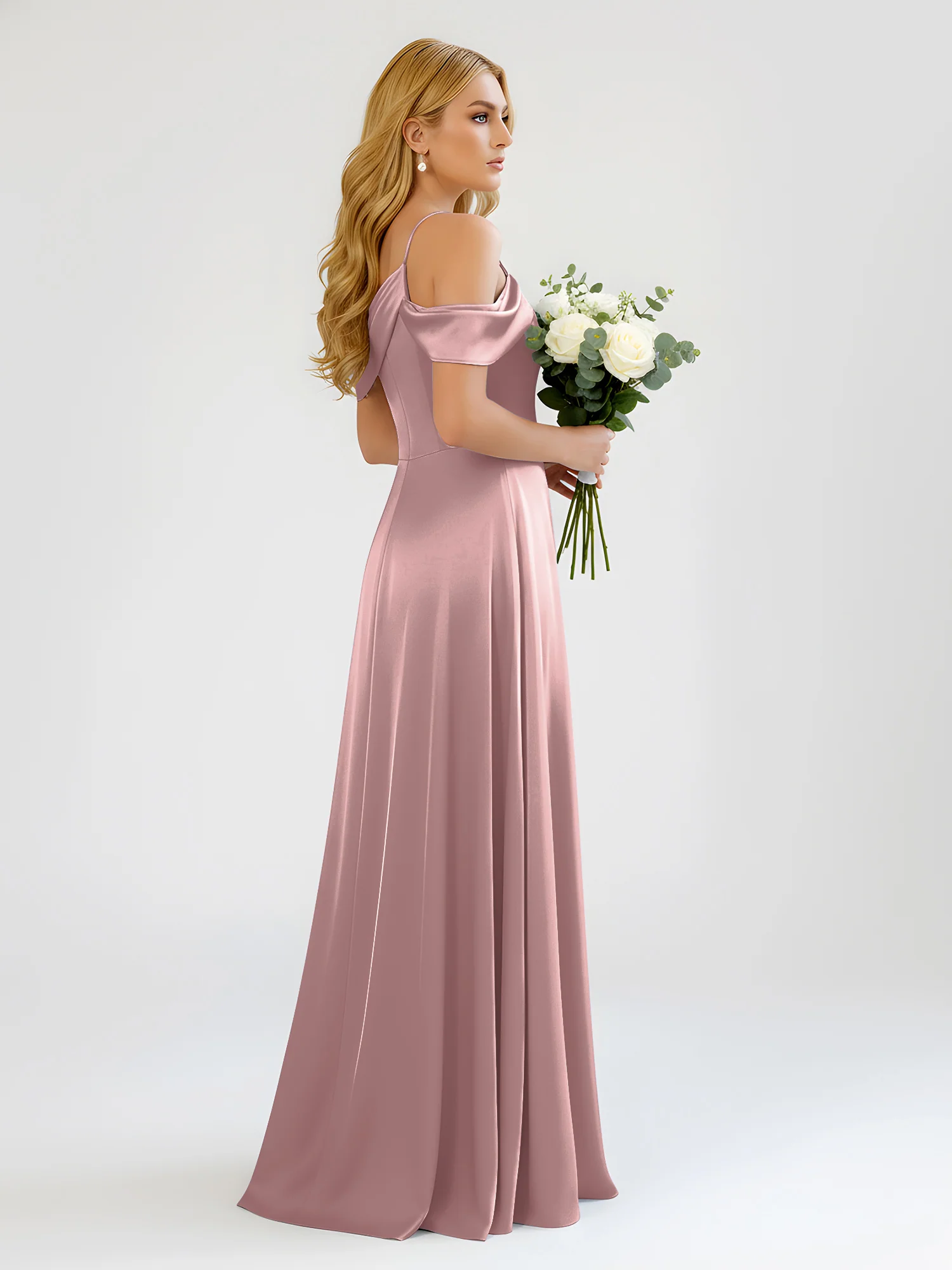 One-Shoulder Drape Satin Slit A-Line Gown Vintage Mauve - Image 2