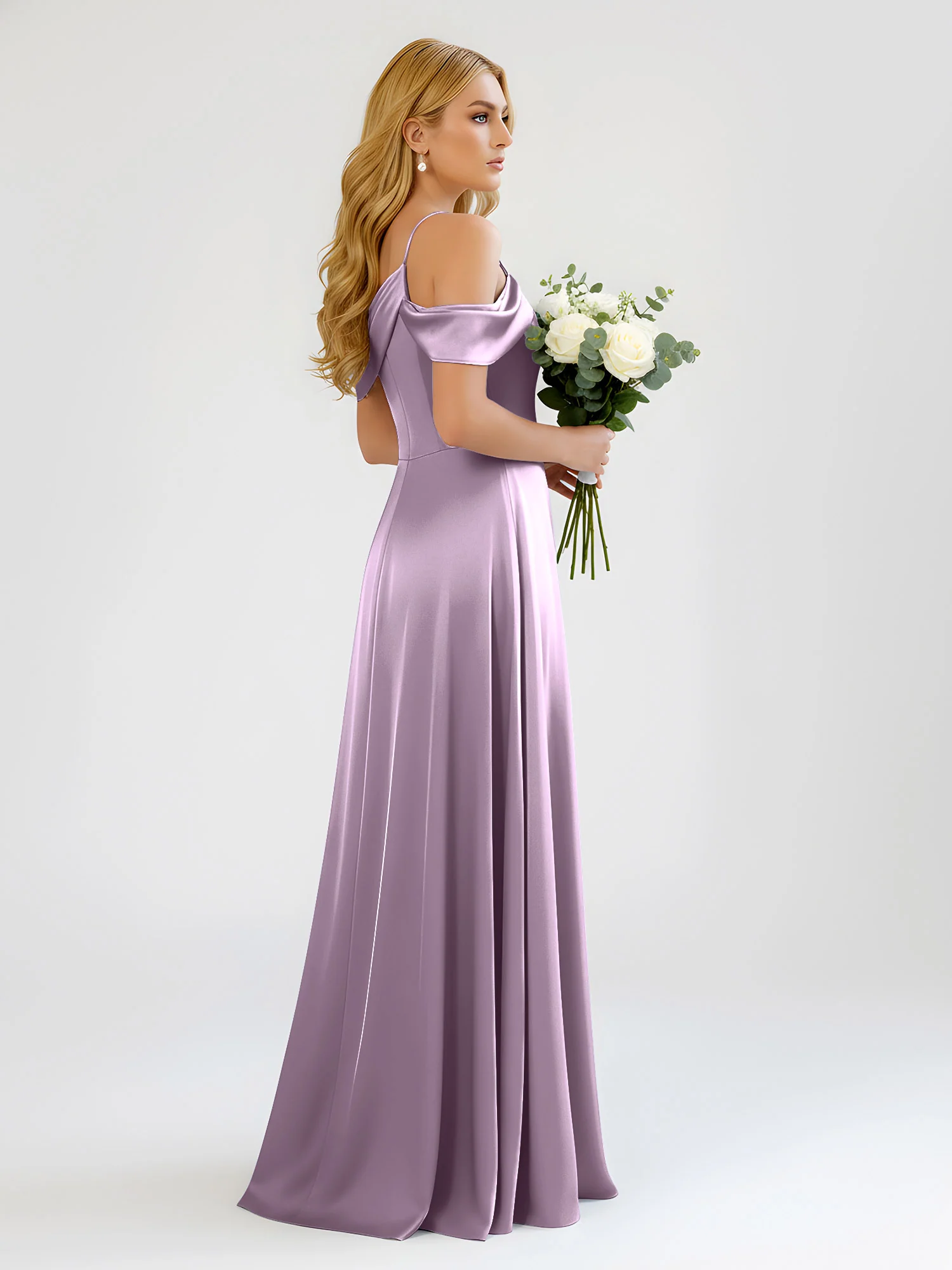 One-Shoulder Drape Satin Slit A-Line Gown Wisteria - Image 2