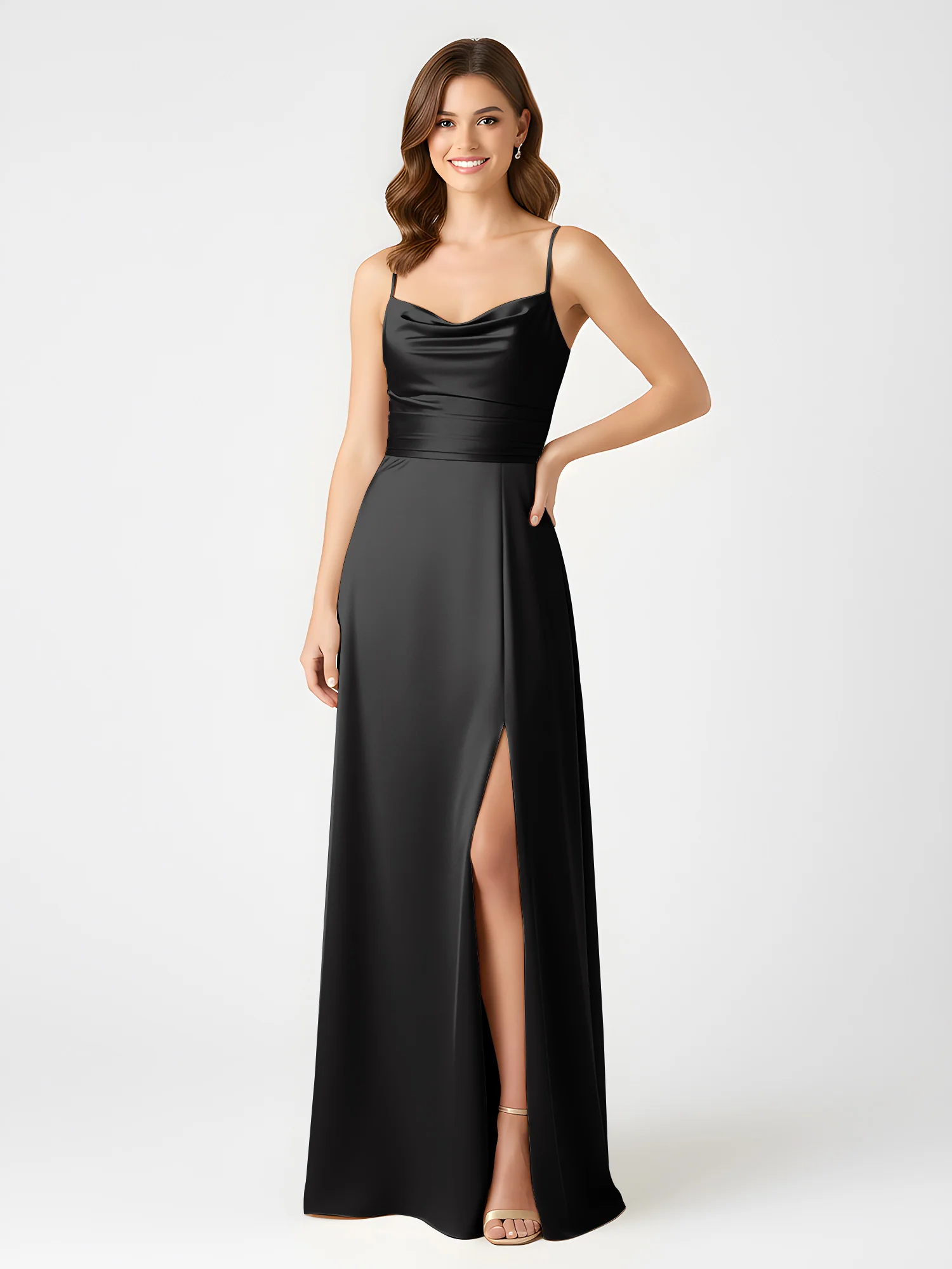 Cowl Neck Spaghetti Strap Acetate Satin Gown with Slit Black - Image 3