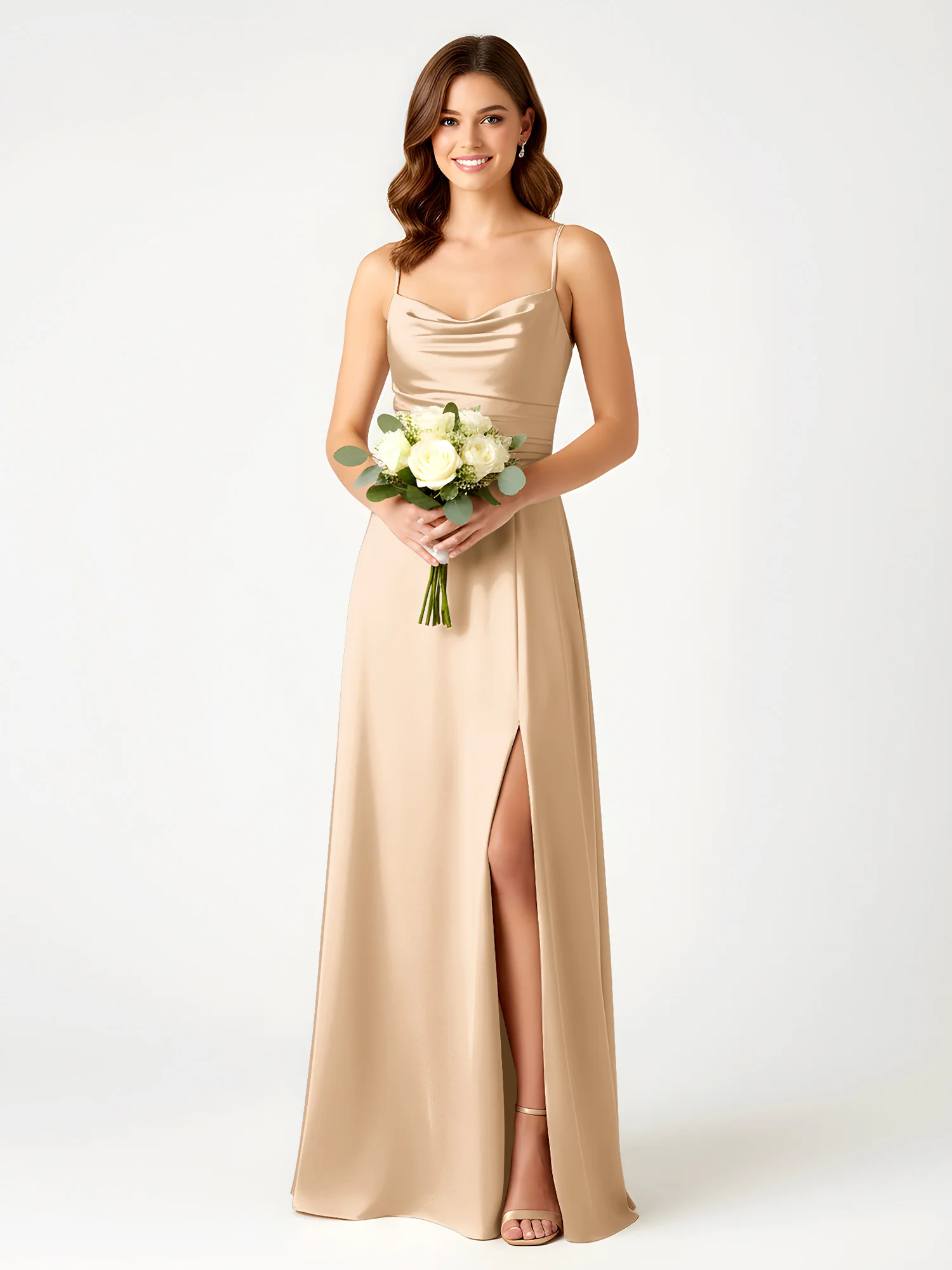 Cowl Neck Spaghetti Strap Acetate Satin Gown with Slit Champagne