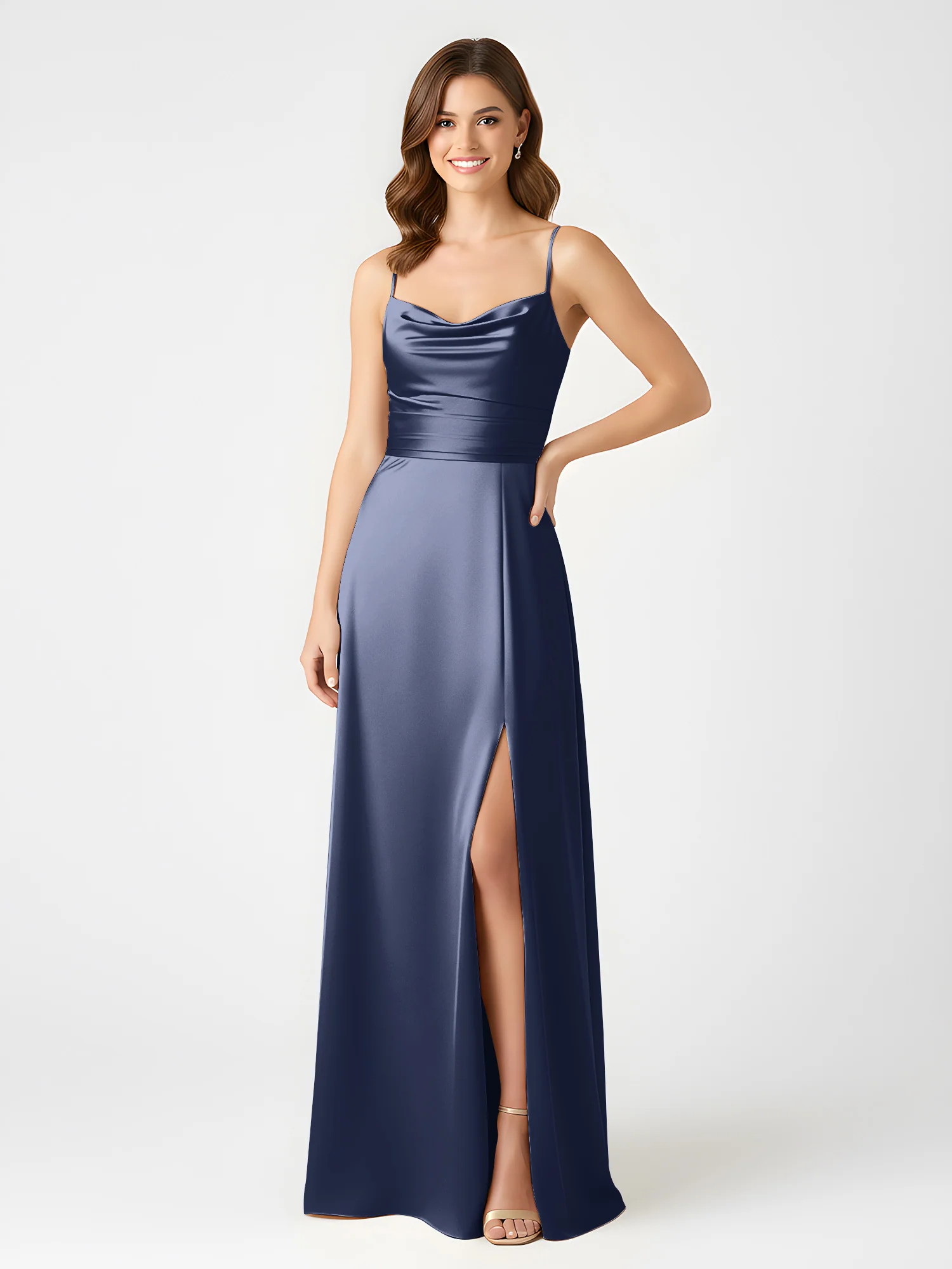 Cowl Neck Spaghetti Strap Acetate Satin Gown with Slit Dark Navy - Image 3