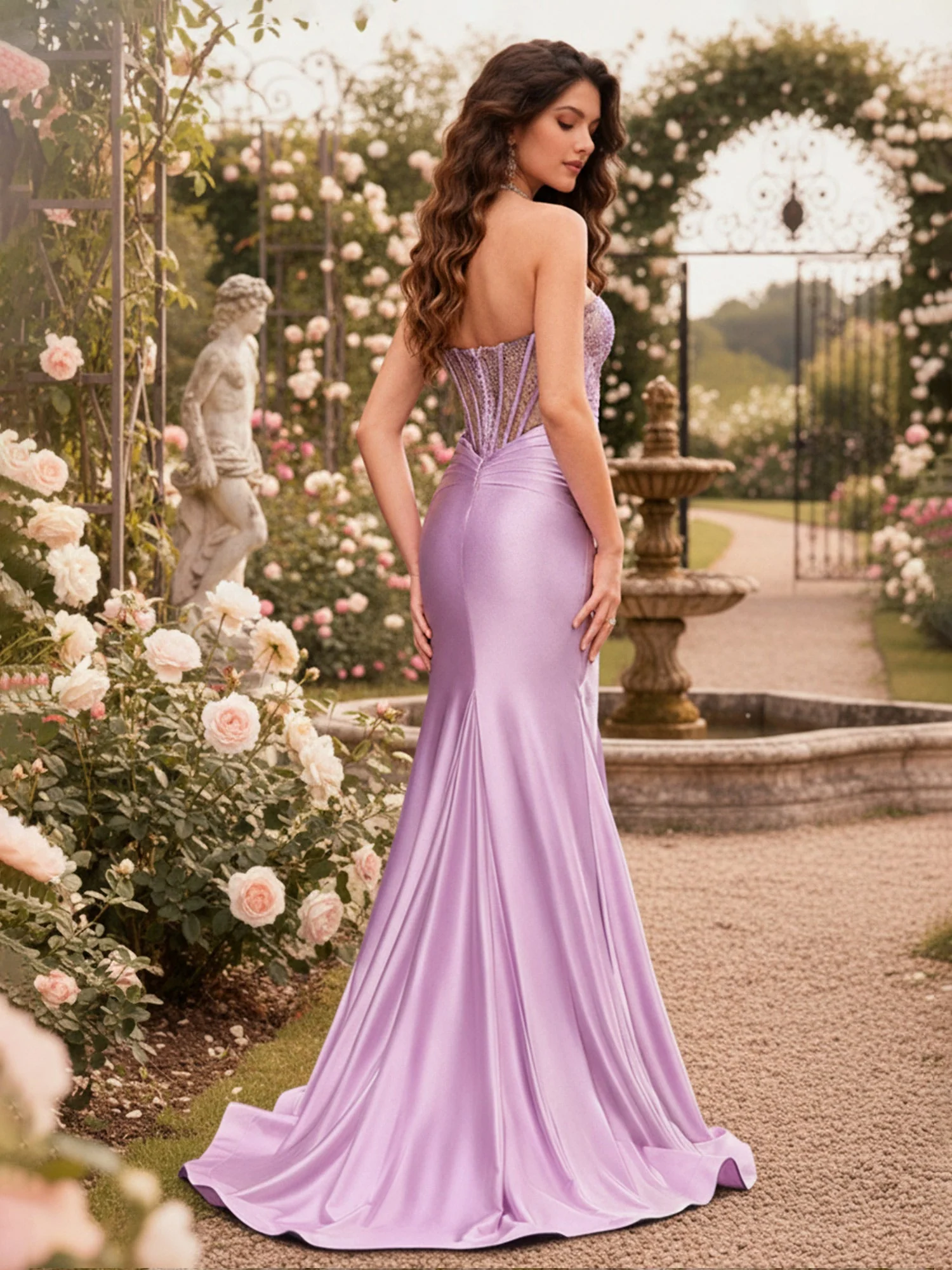 Strapless Beaded Sheer Corset Mermaid Dress Dusty Blue - Image 2