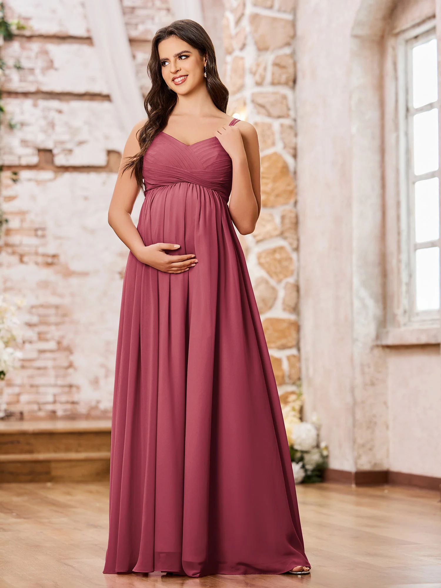 Double Spaghetti Straps Chiffon Maxi Empire Dresses Cinnamon Rose