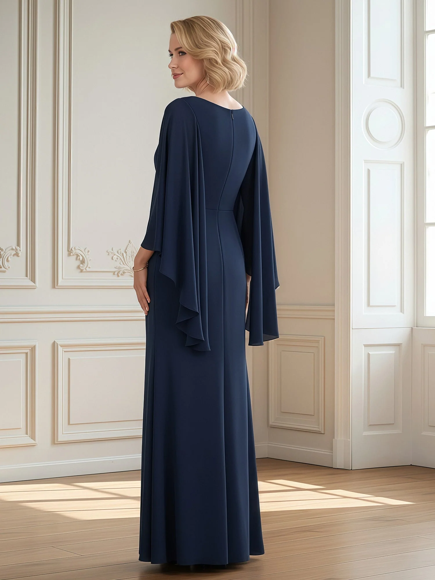 Pleated V-neck Applique Long Dress With Slit Pearl Pink - Image 2