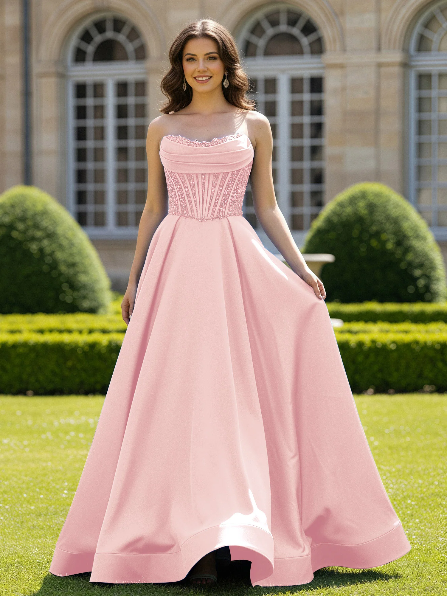Satin Strapless Ball Gown Appliqued Prom Dress With Sweep Train Blushing Pink