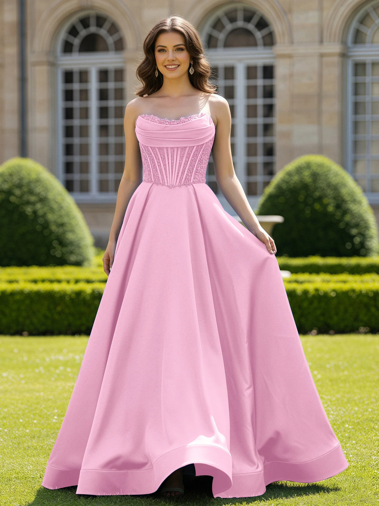 Satin Strapless Ball Gown Appliqued Prom Dress With Sweep Train Candy Pink