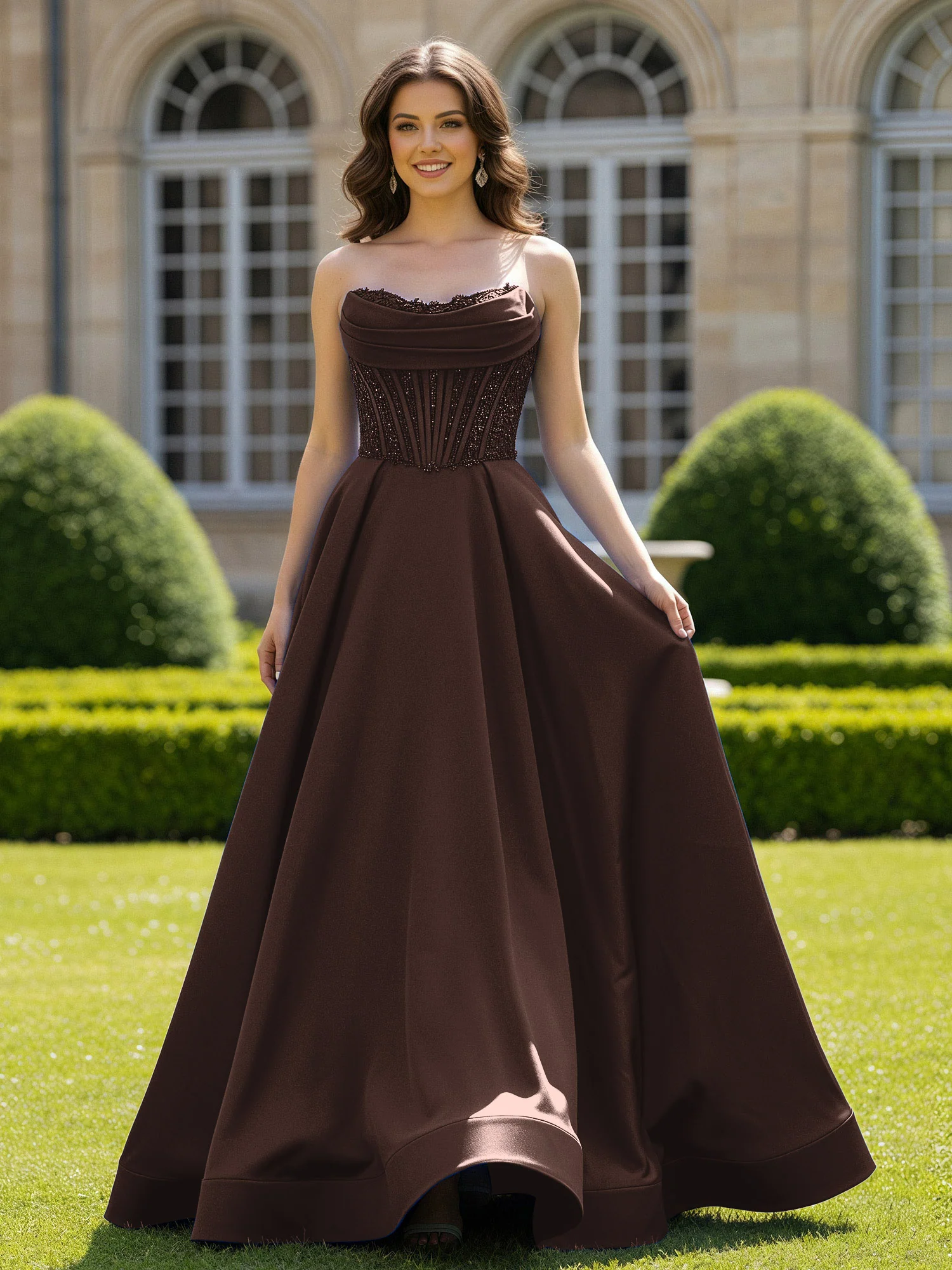 Satin Strapless Ball Gown Appliqued Prom Dress With Sweep Train Chocolate