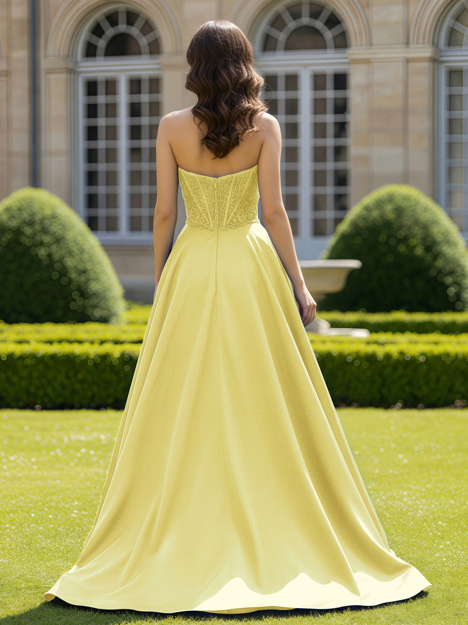 Satin Strapless Ball Gown Appliqued Prom Dress With Sweep Train Daffodil - Image 2