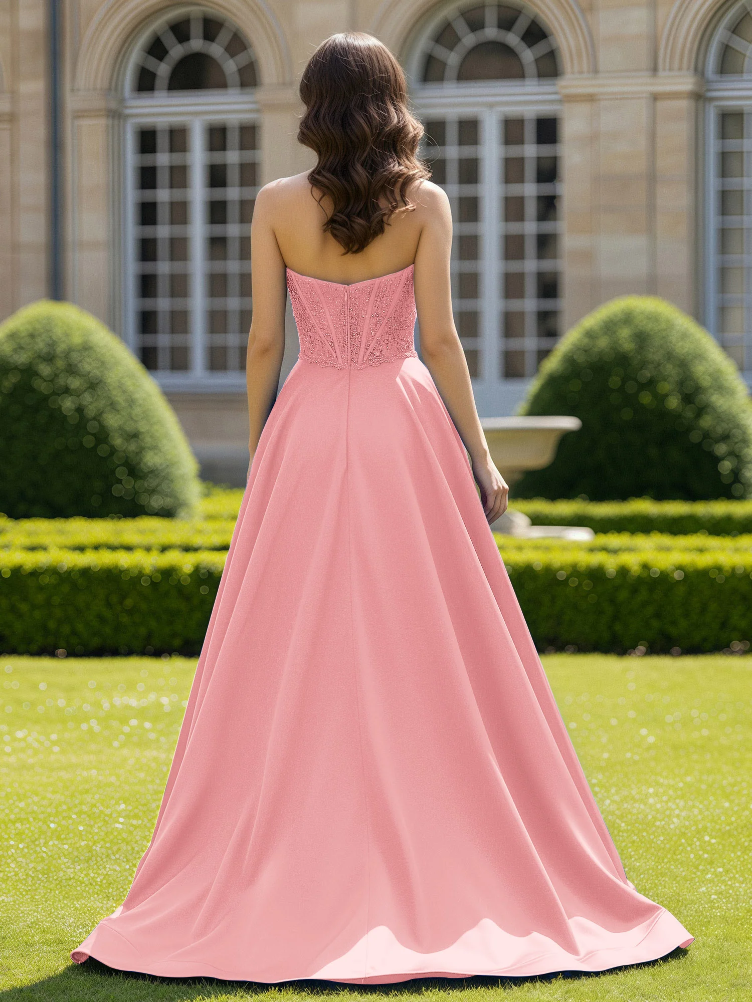 Satin Strapless Ball Gown Appliqued Prom Dress With Sweep Train Flamingo - Image 2