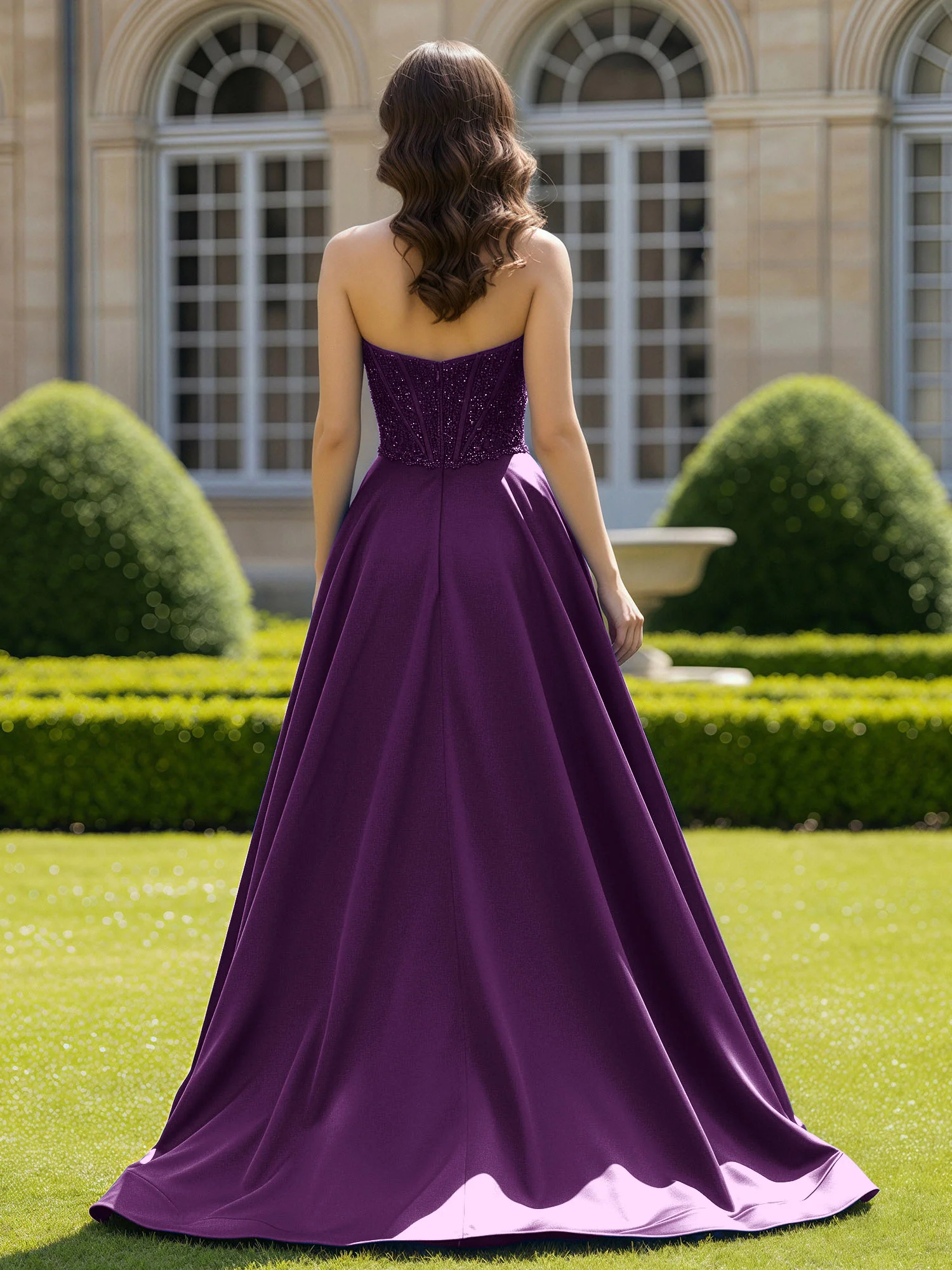 Satin Strapless Ball Gown Appliqued Prom Dress With Sweep Train Grape - Image 2