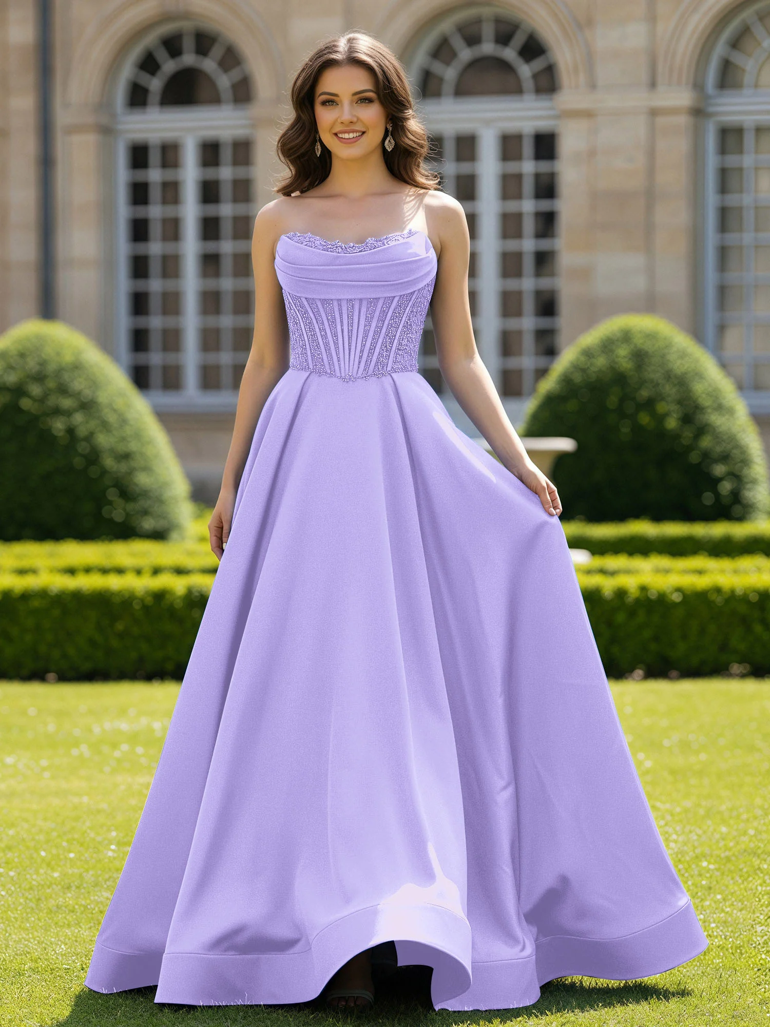 Satin Strapless Ball Gown Appliqued Prom Dress With Sweep Train Lilac