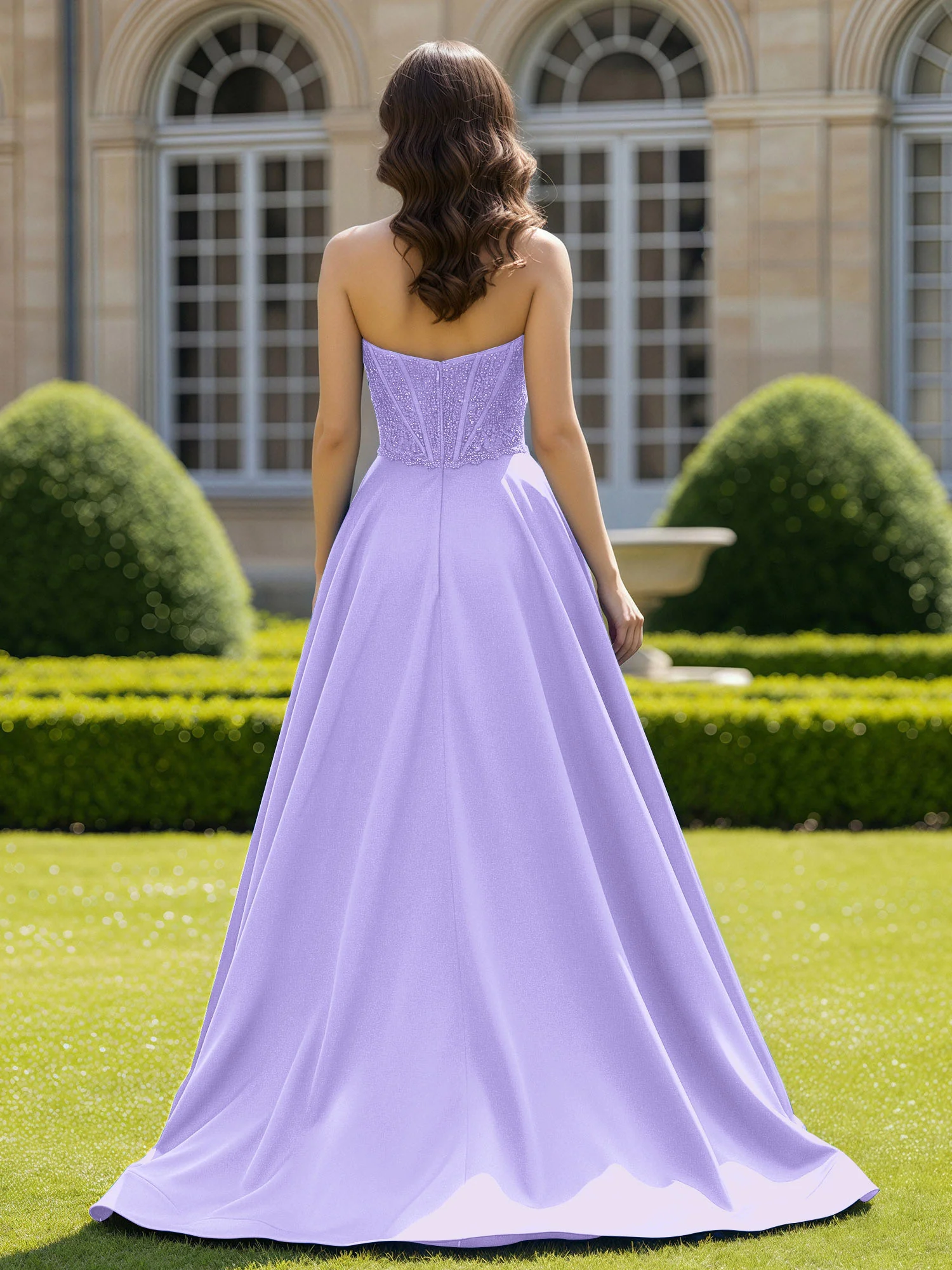 Satin Strapless Ball Gown Appliqued Prom Dress With Sweep Train Lilac - Image 2