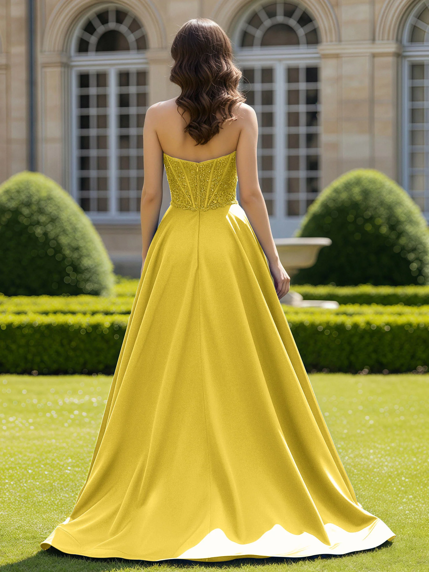 Satin Strapless Ball Gown Appliqued Prom Dress With Sweep Train Marigold - Image 2