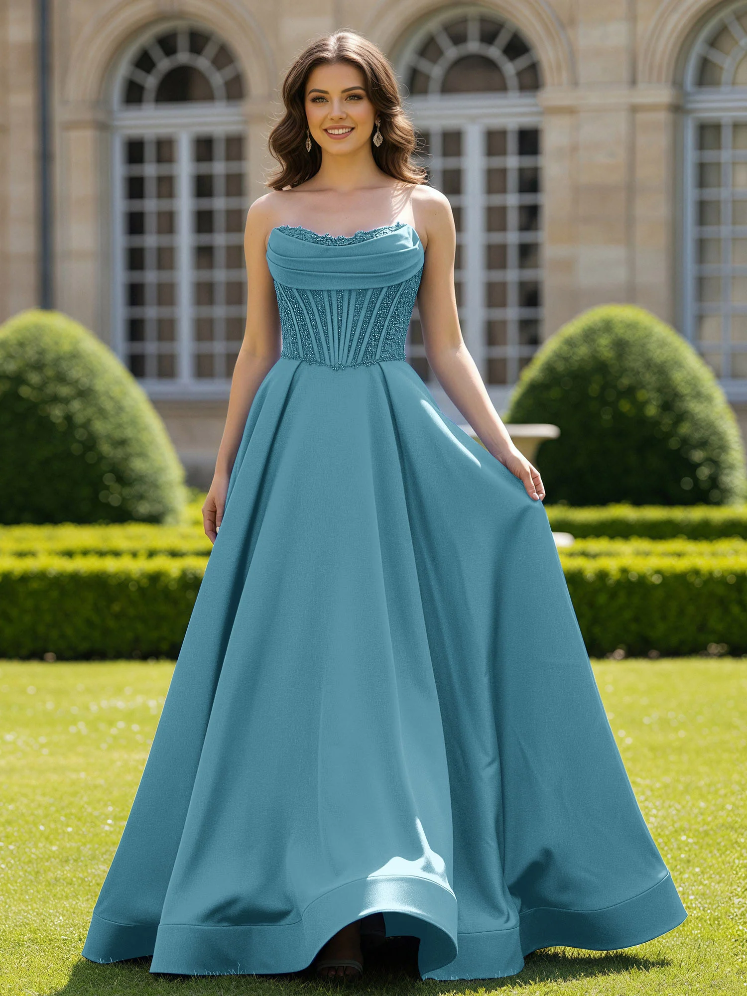 Satin Strapless Ball Gown Appliqued Prom Dress With Sweep Train Pool