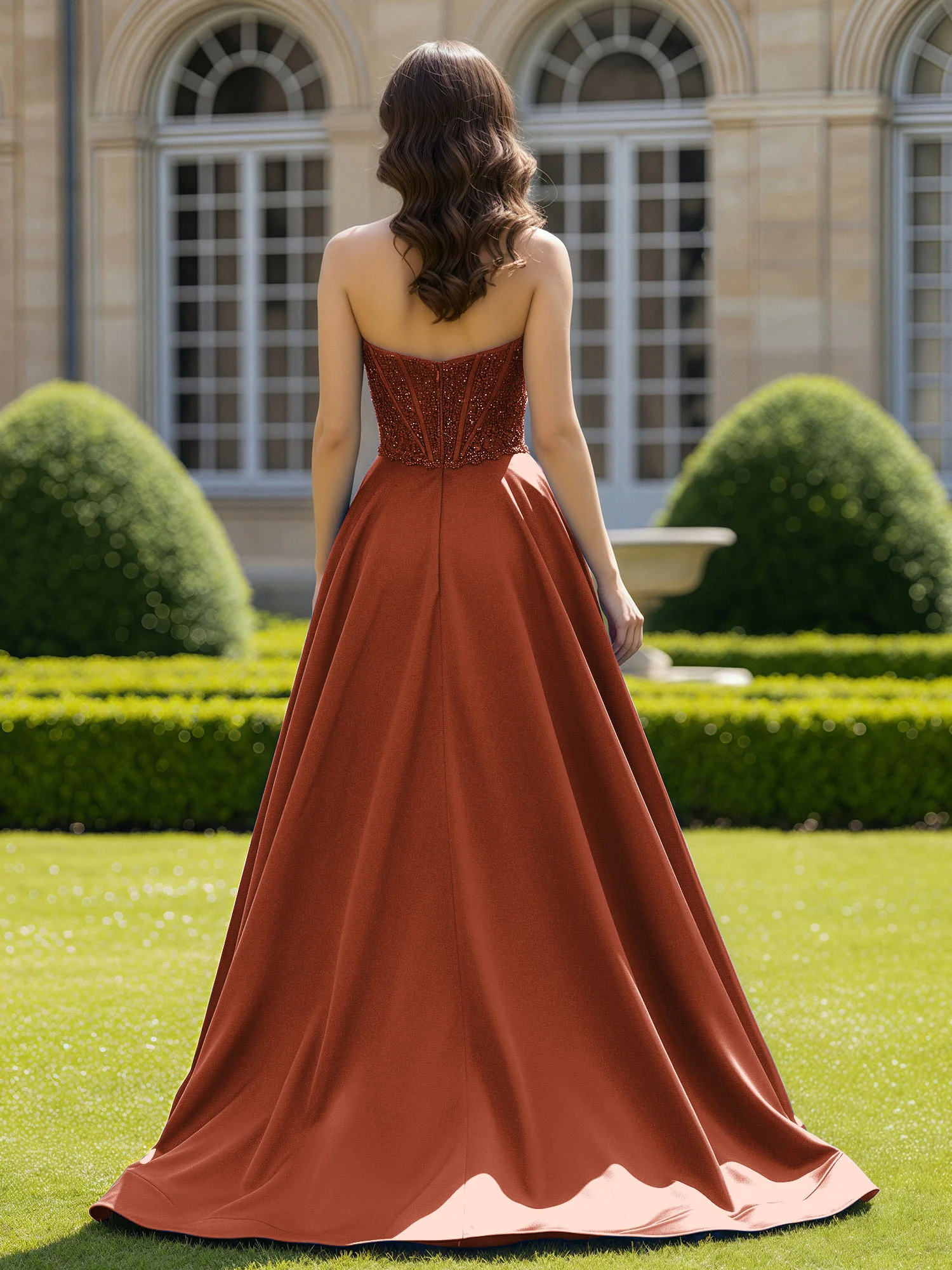 Satin Strapless Ball Gown Appliqued Prom Dress With Sweep Train Rust - Image 2
