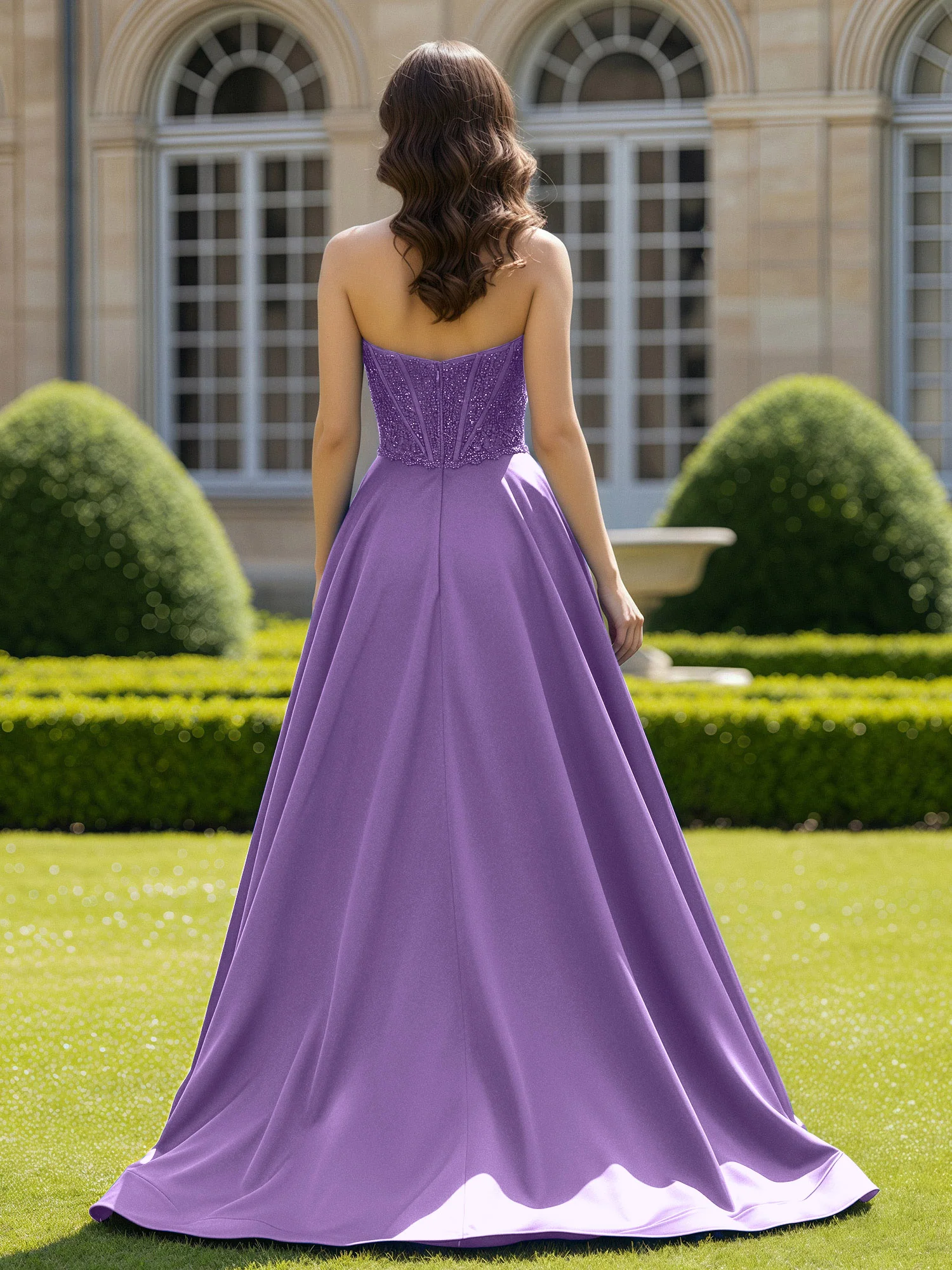 Satin Strapless Ball Gown Appliqued Prom Dress With Sweep Train Tahiti - Image 2