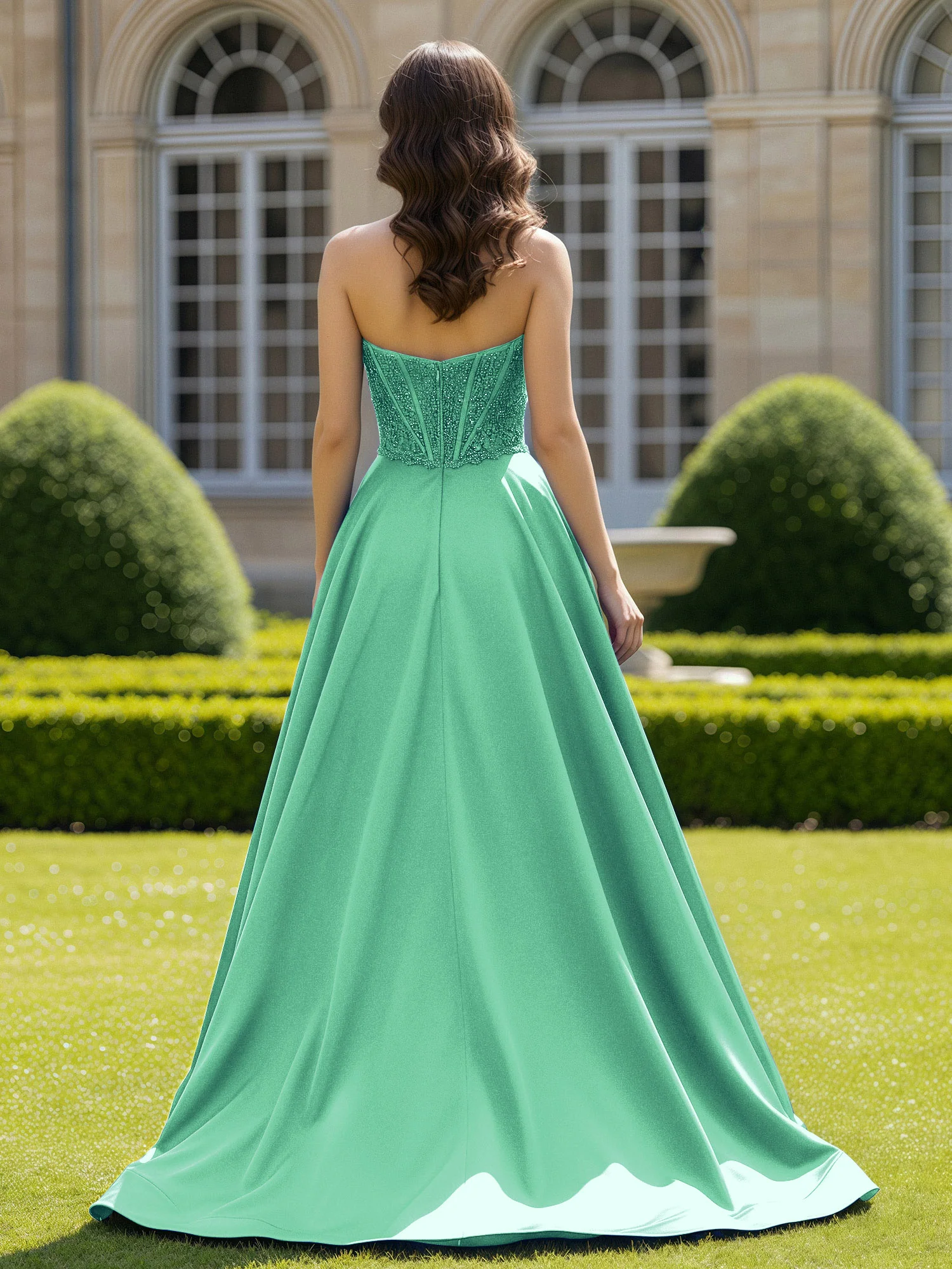Satin Strapless Ball Gown Appliqued Prom Dress With Sweep Train Turquoise - Image 2