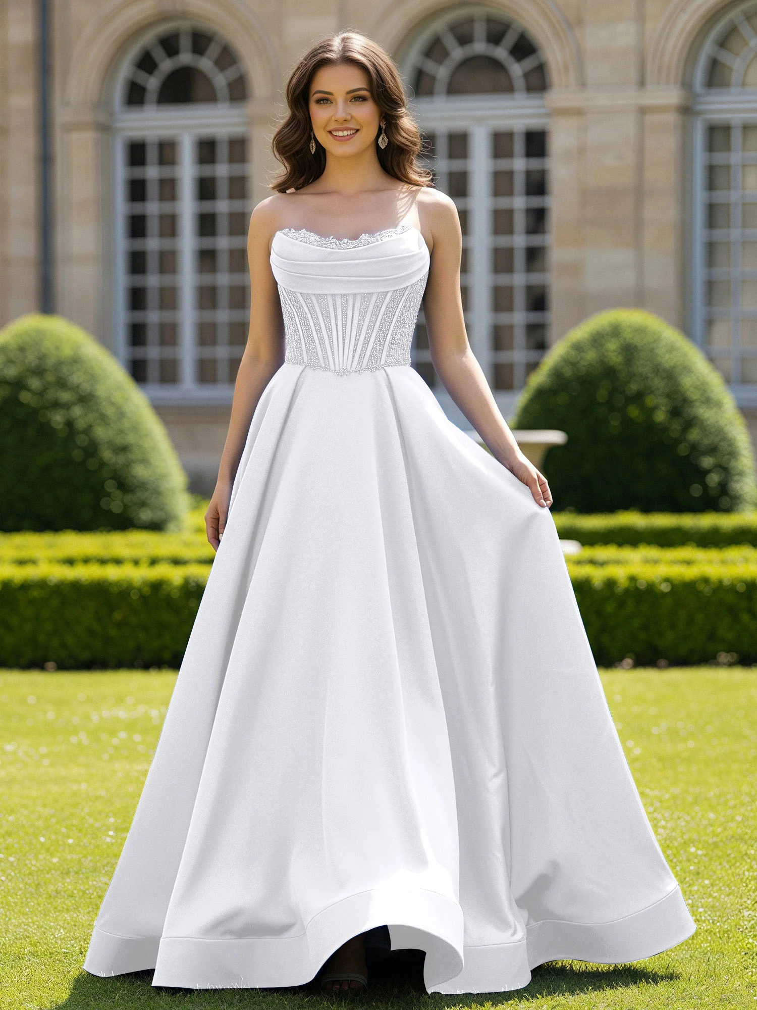 Satin Strapless Ball Gown Appliqued Prom Dress With Sweep Train White