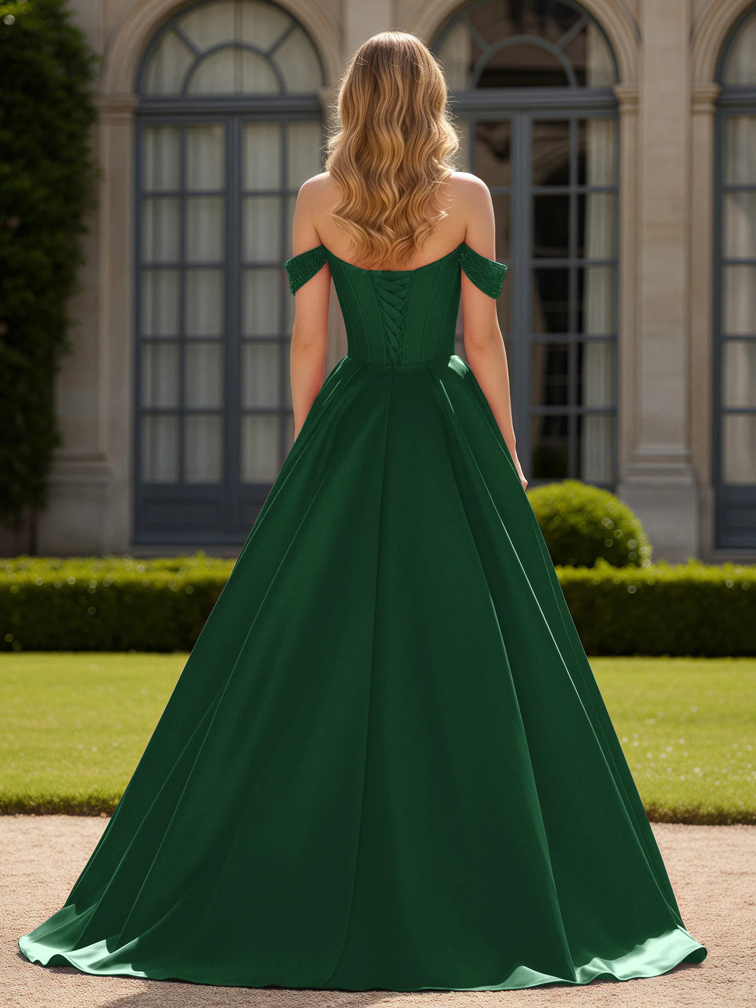 Off-Shoulder Beaded Sweetheart A-Line Gown with Slit Dark Green - Image 2