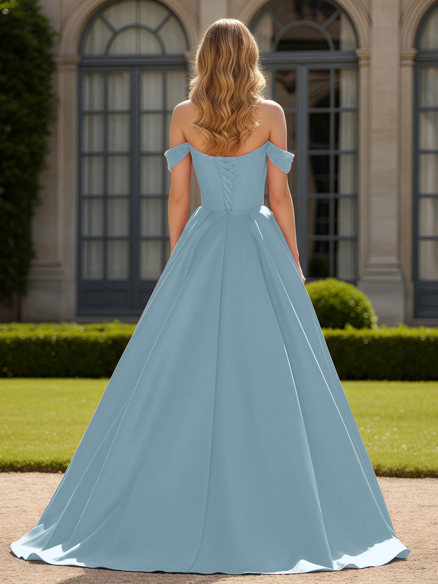 Off-Shoulder Beaded Sweetheart A-Line Gown with Slit Dusty Blue - Image 2