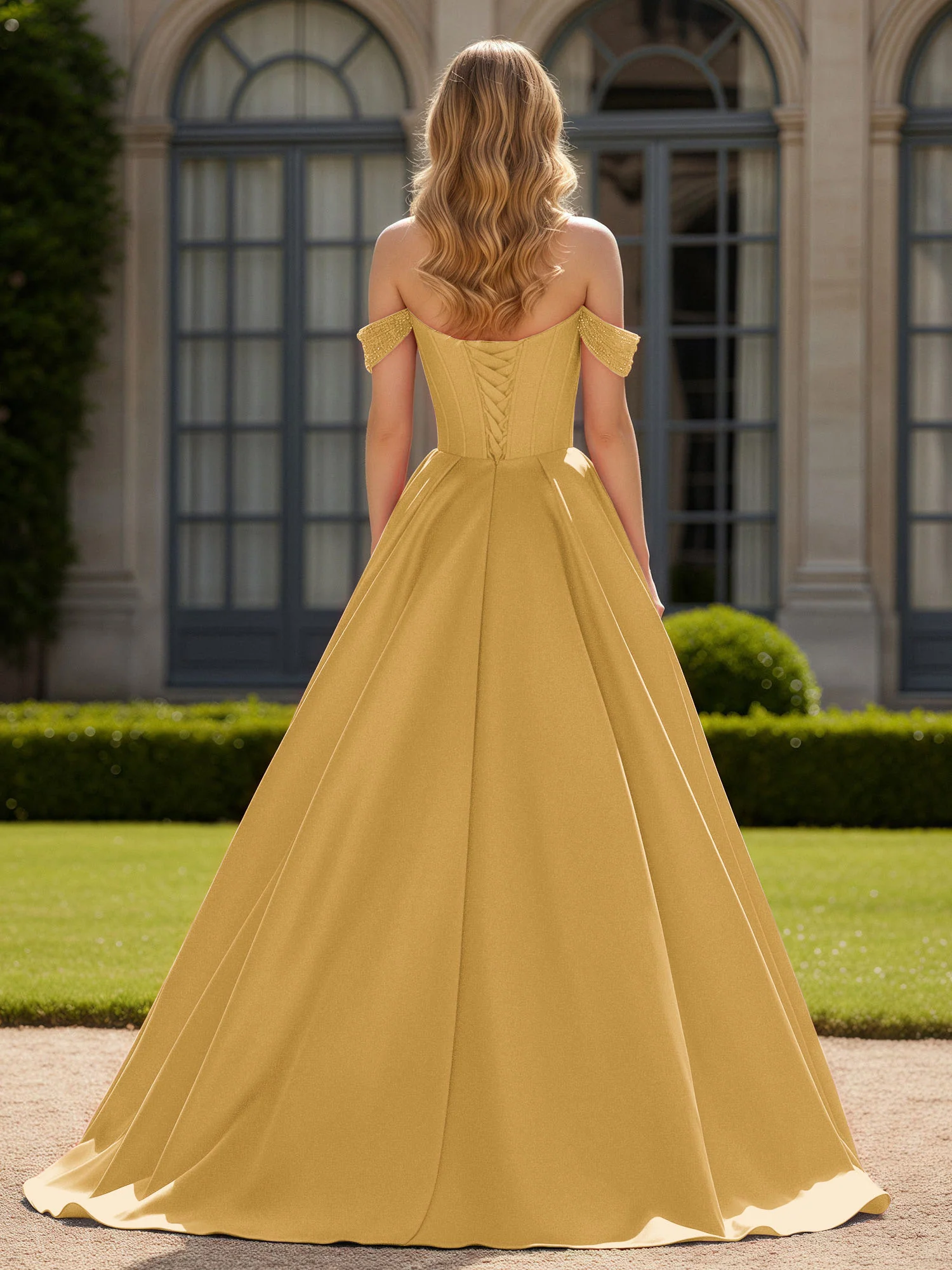 Off-Shoulder Beaded Sweetheart A-Line Gown with Slit Gold - Image 2