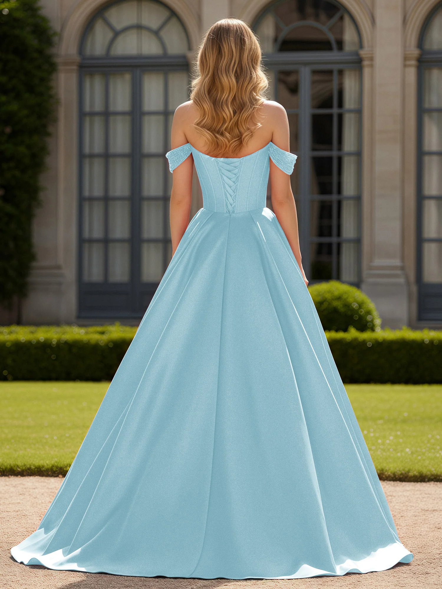 Off-Shoulder Beaded Sweetheart A-Line Gown with Slit Mist - Image 2