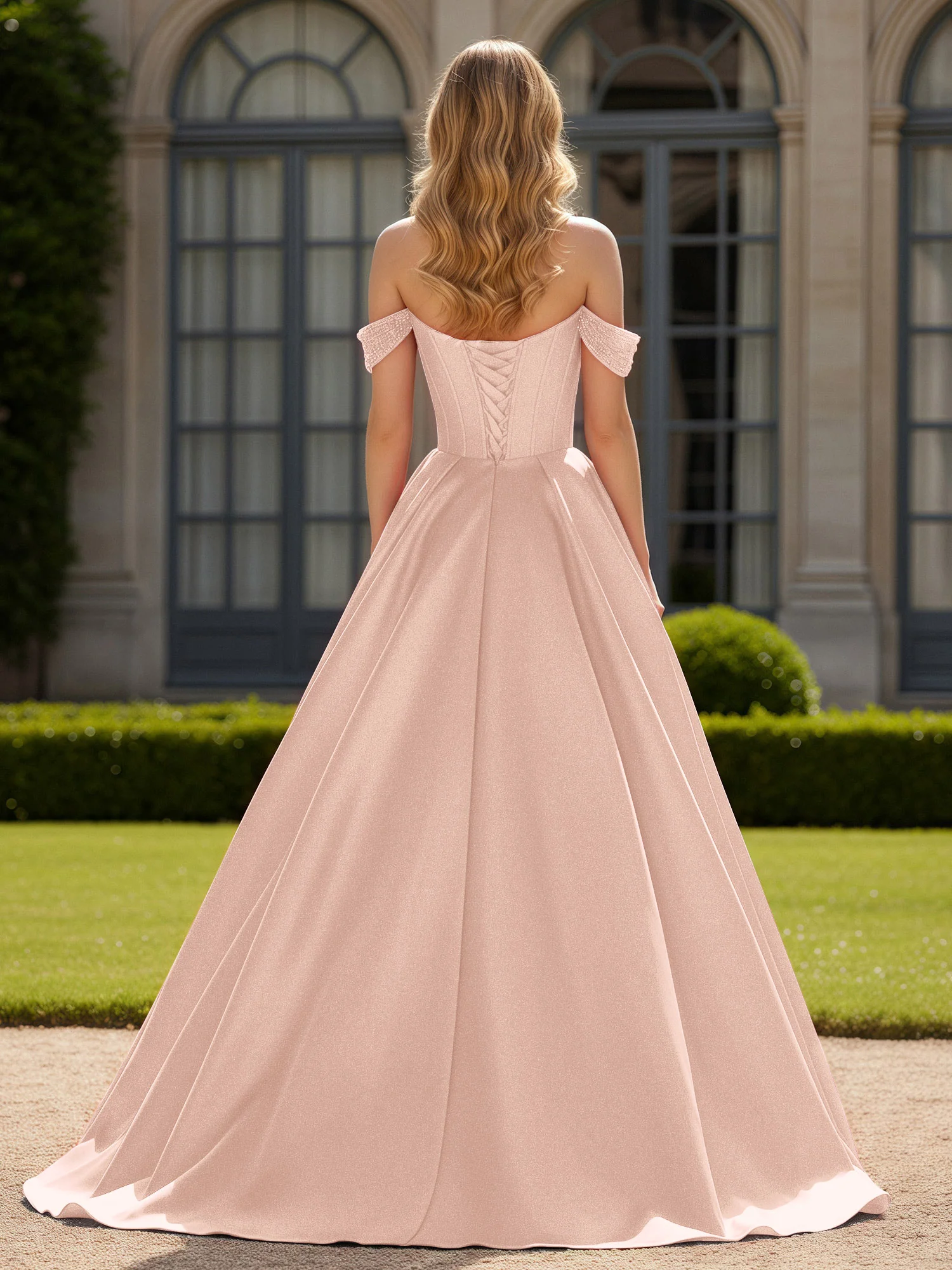 Off-Shoulder Beaded Sweetheart A-Line Gown with Slit Pearl Pink - Image 2