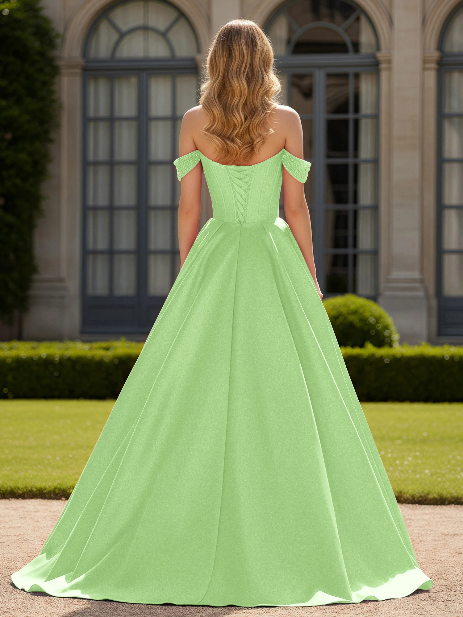Off-Shoulder Beaded Sweetheart A-Line Gown with Slit Sage - Image 2