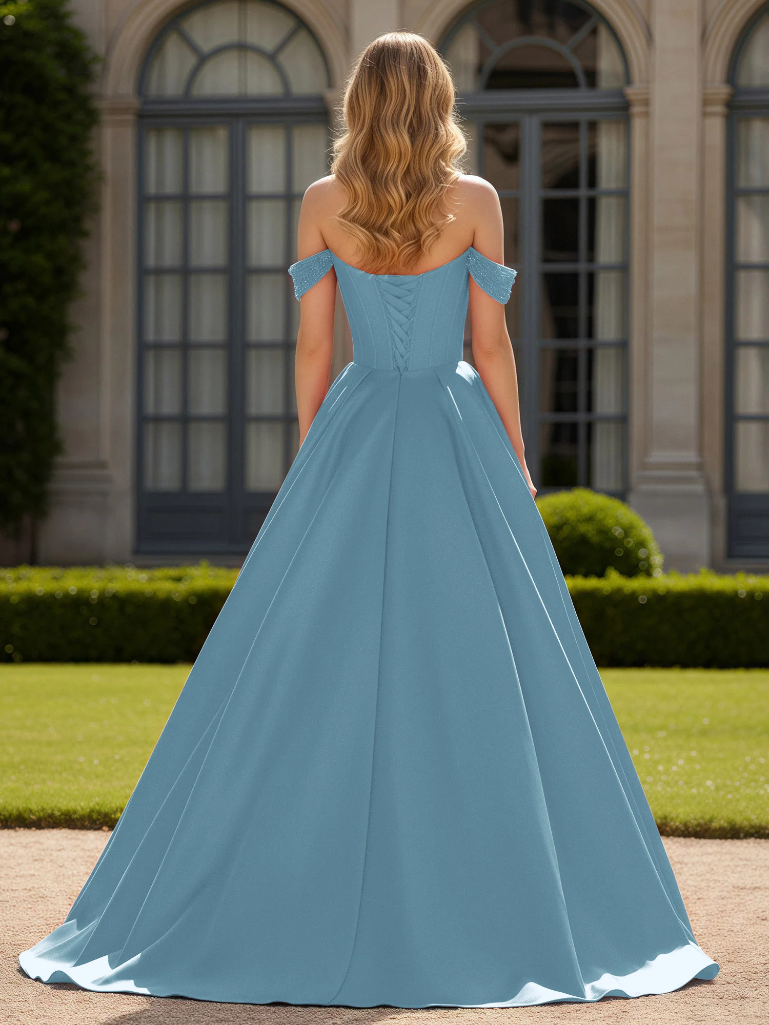 Off-Shoulder Beaded Sweetheart A-Line Gown with Slit Slate Blue - Image 2