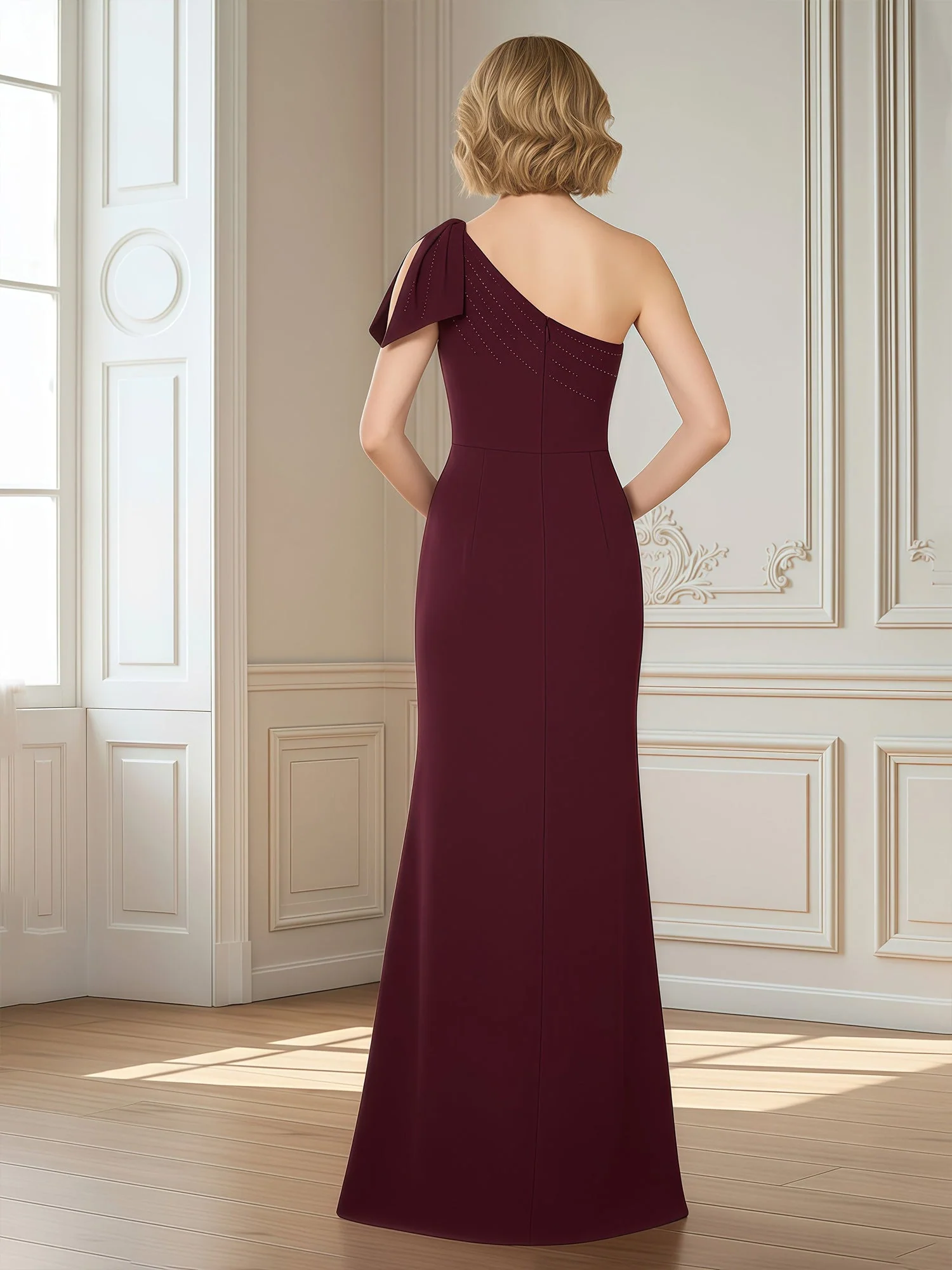 One-Shoulder Column Gown with Draped Asymmetric Neckline Dusty Blue - Image 2