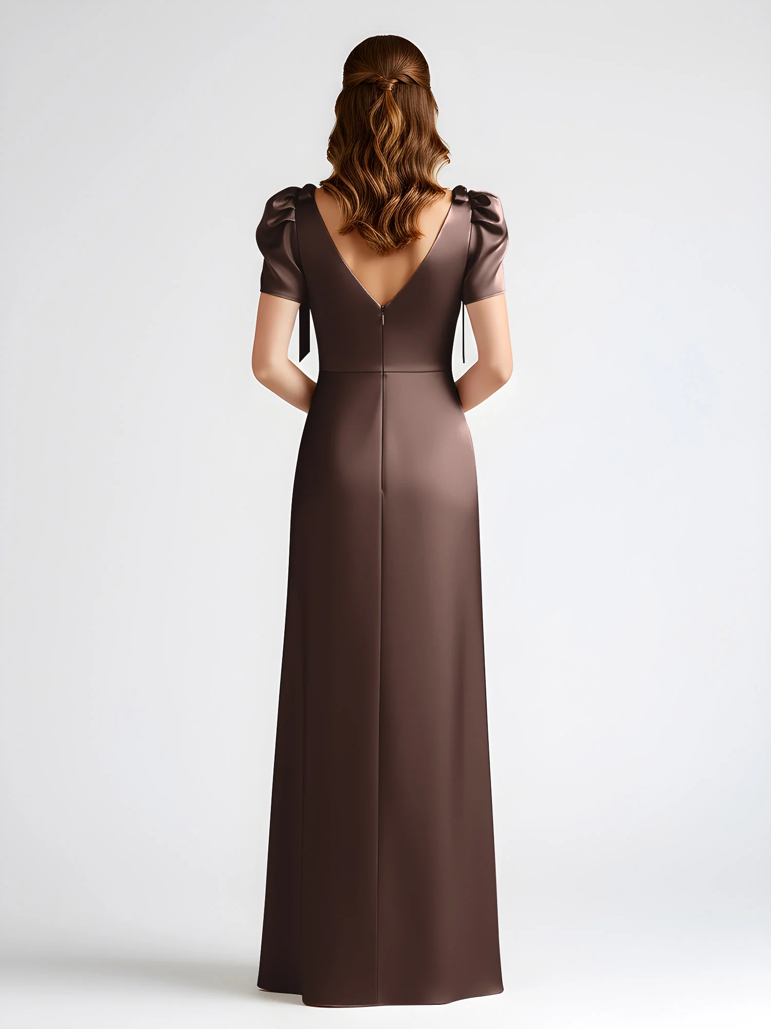 Bow-Detail Short Sleeve Satin Column Maxi Dress Chocolate - Image 2