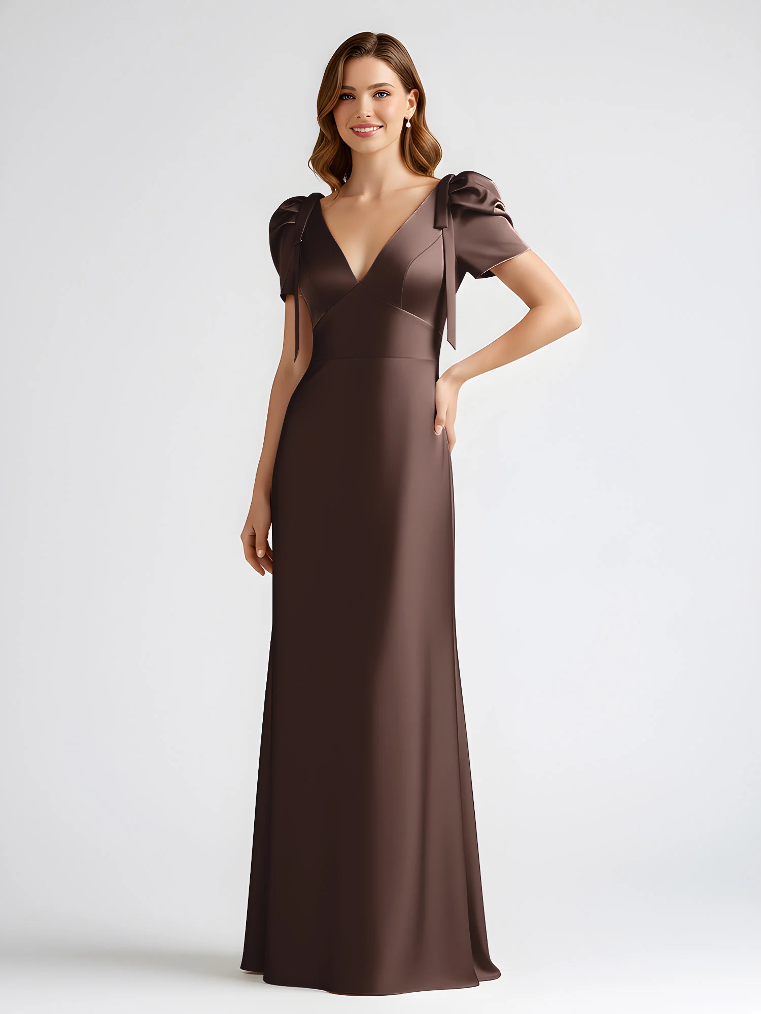 Bow-Detail Short Sleeve Satin Column Maxi Dress Chocolate - Image 3