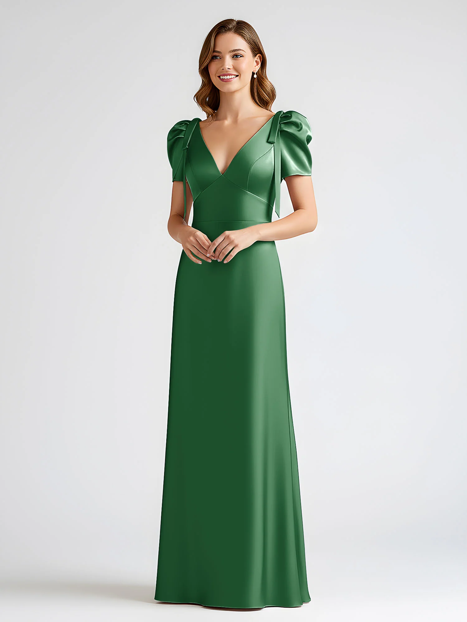 Bow-Detail Short Sleeve Satin Column Maxi Dress Emerald