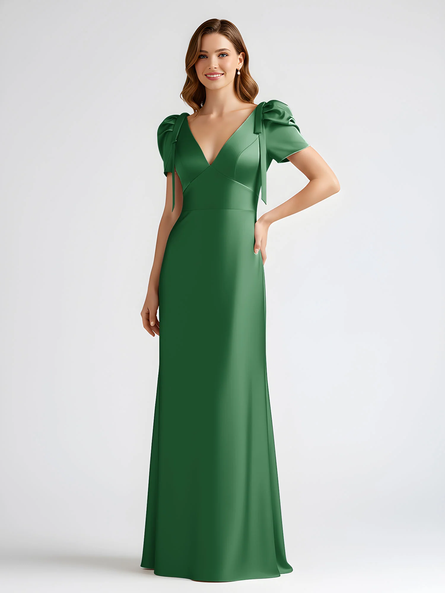 Bow-Detail Short Sleeve Satin Column Maxi Dress Emerald - Image 3