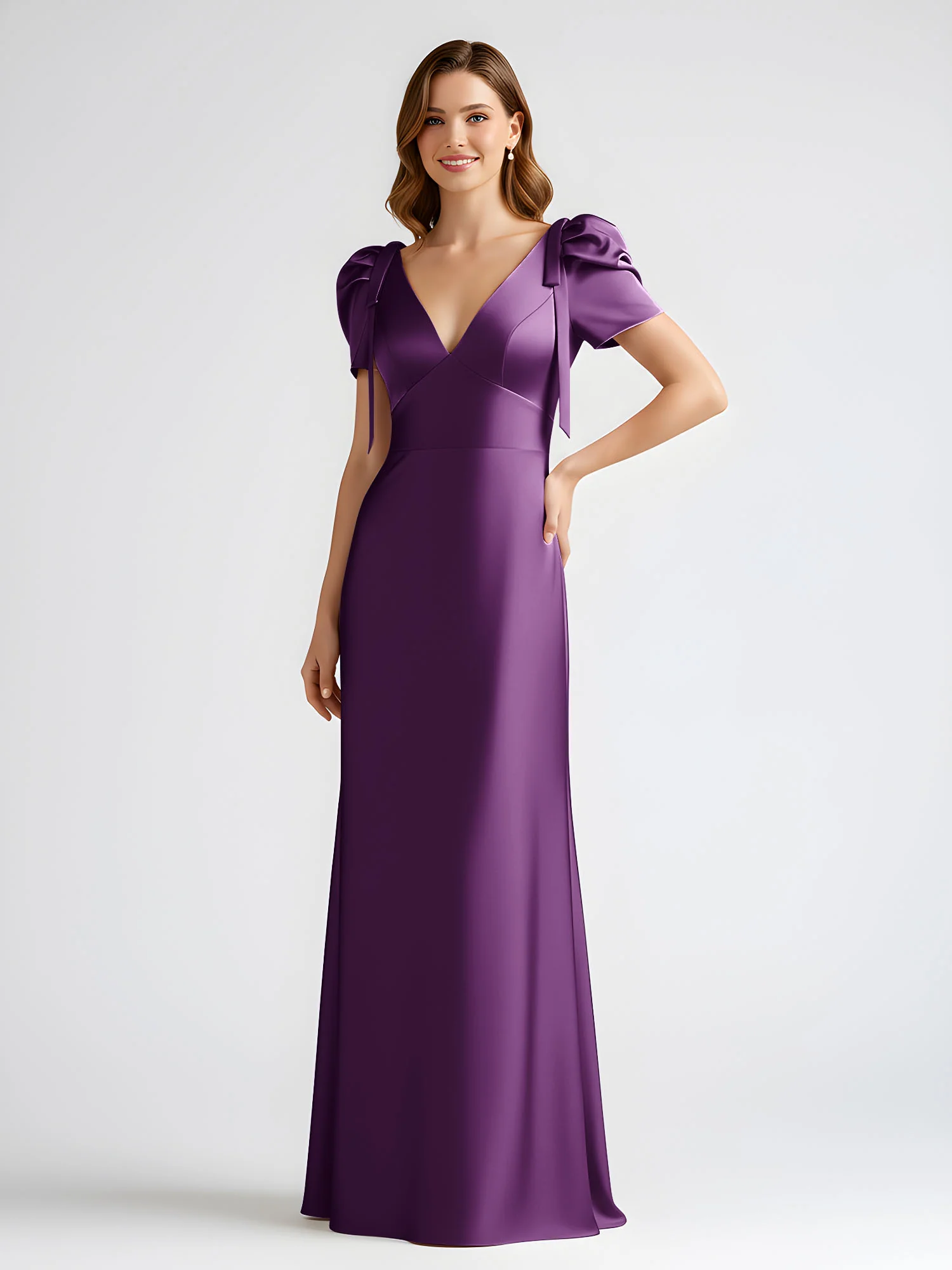Bow-Detail Short Sleeve Satin Column Maxi Dress Grape - Image 3
