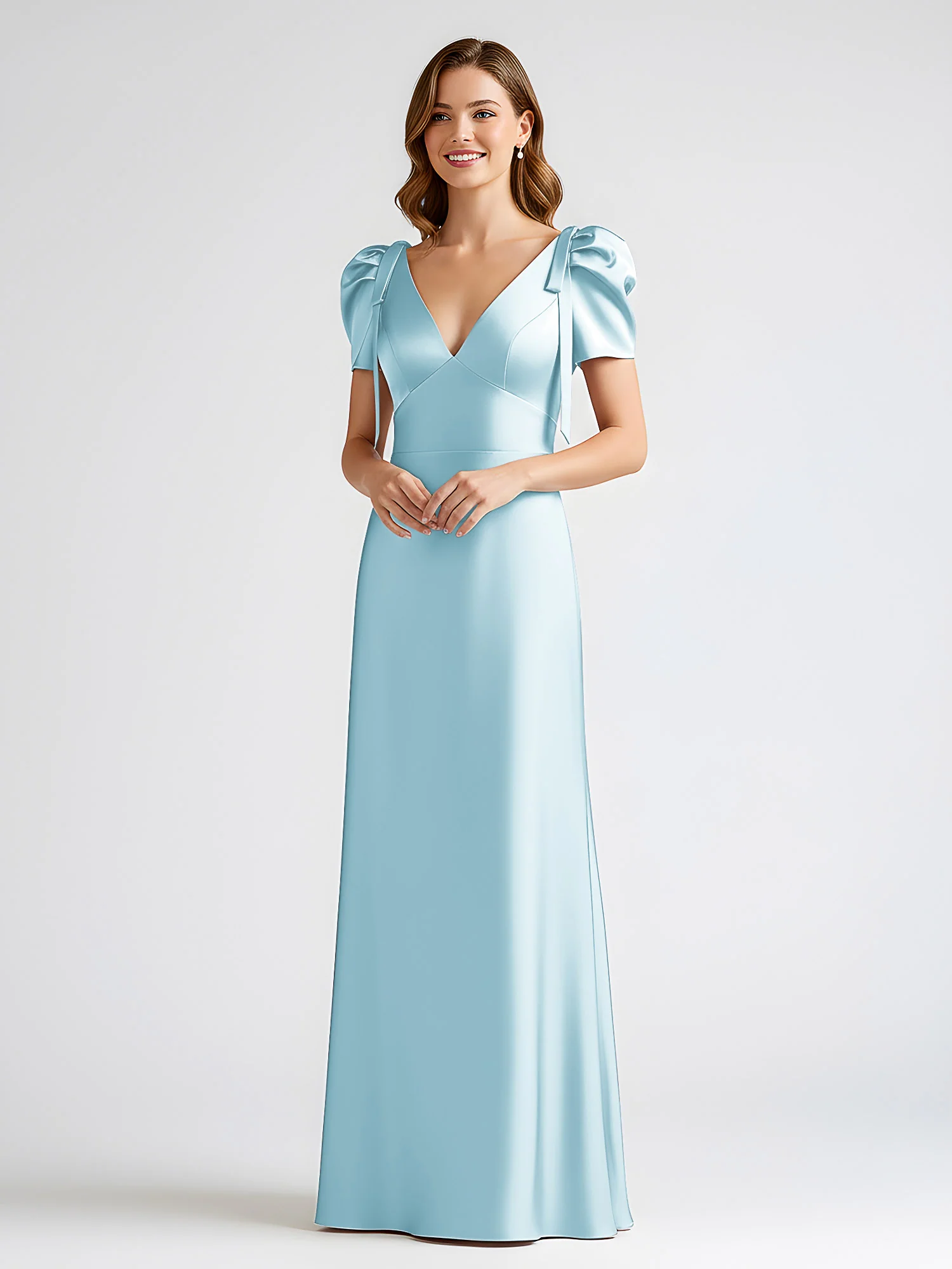 Bow-Detail Short Sleeve Satin Column Maxi Dress Mist