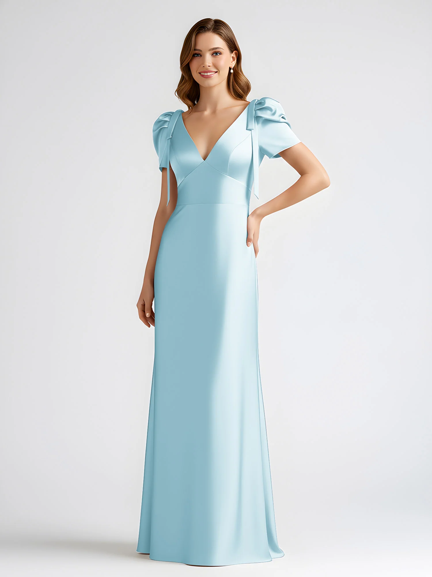 Bow-Detail Short Sleeve Satin Column Maxi Dress Mist - Image 3