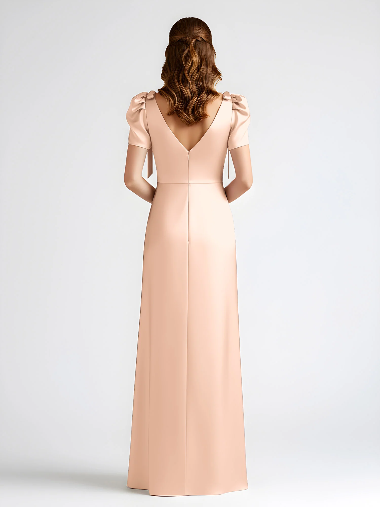 Bow-Detail Short Sleeve Satin Column Maxi Dress Peach - Image 2