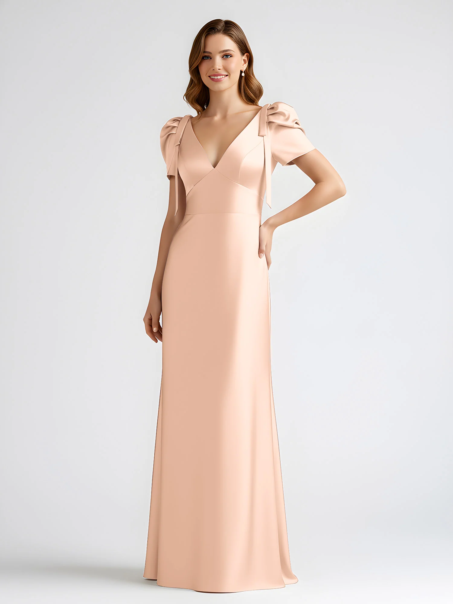 Bow-Detail Short Sleeve Satin Column Maxi Dress Peach - Image 3