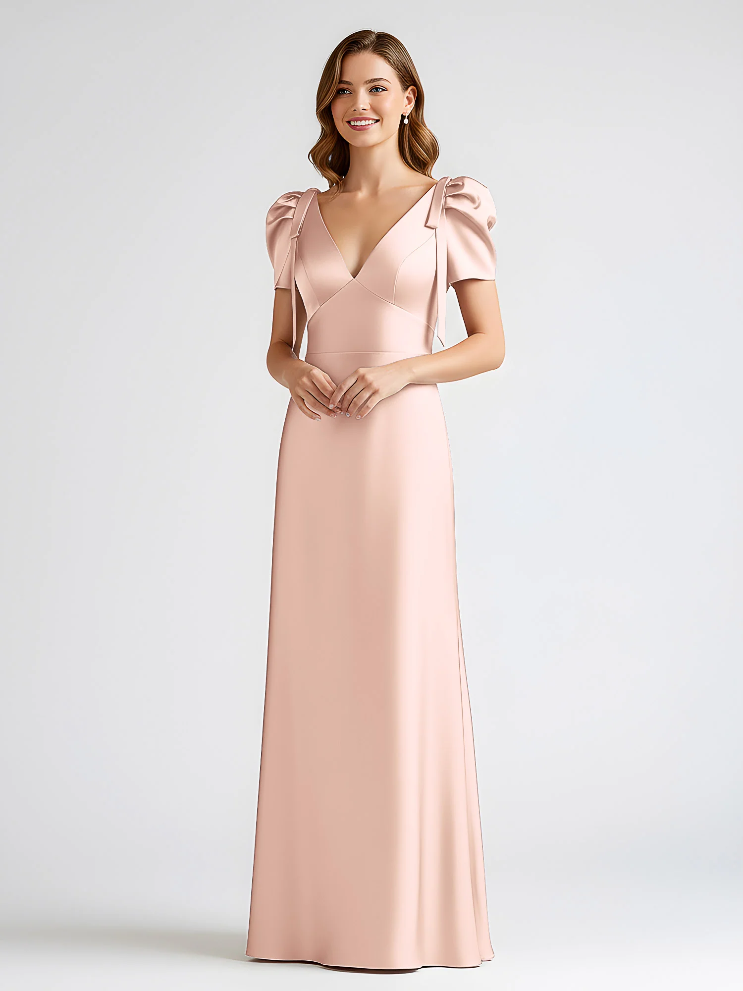 Bow-Detail Short Sleeve Satin Column Maxi Dress Pearl Pink