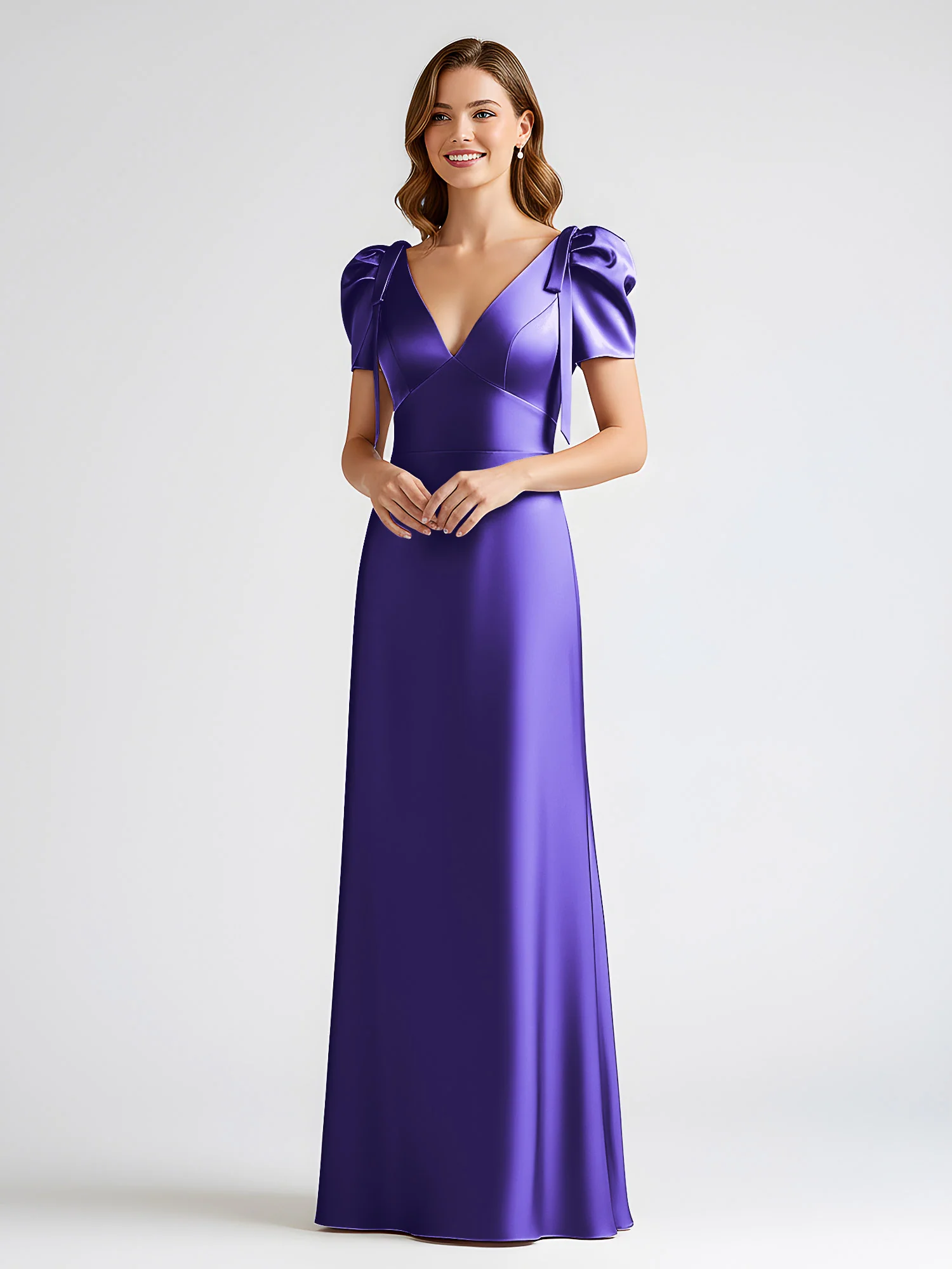 Bow-Detail Short Sleeve Satin Column Maxi Dress Regency